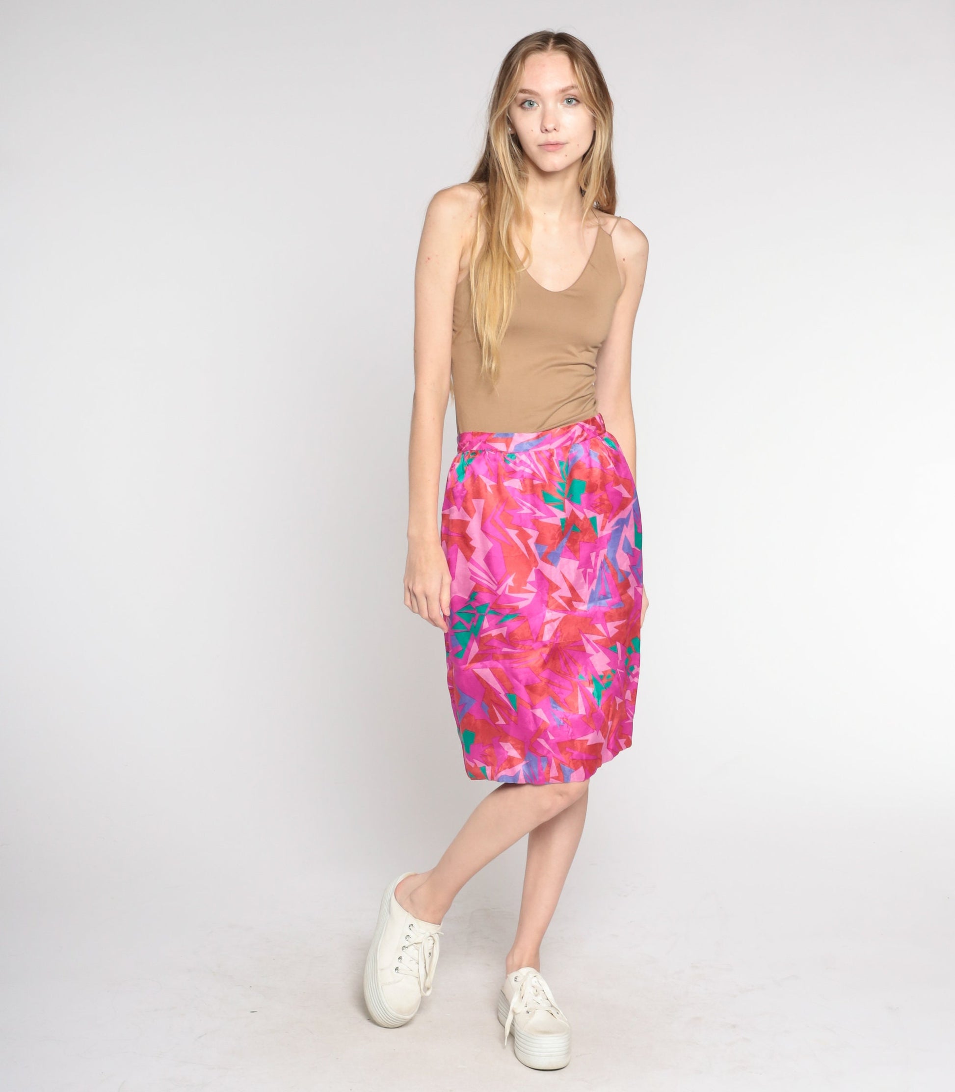 80s Pink Abstract Geometric Pencil Skirt High Waisted Mini Extra Small