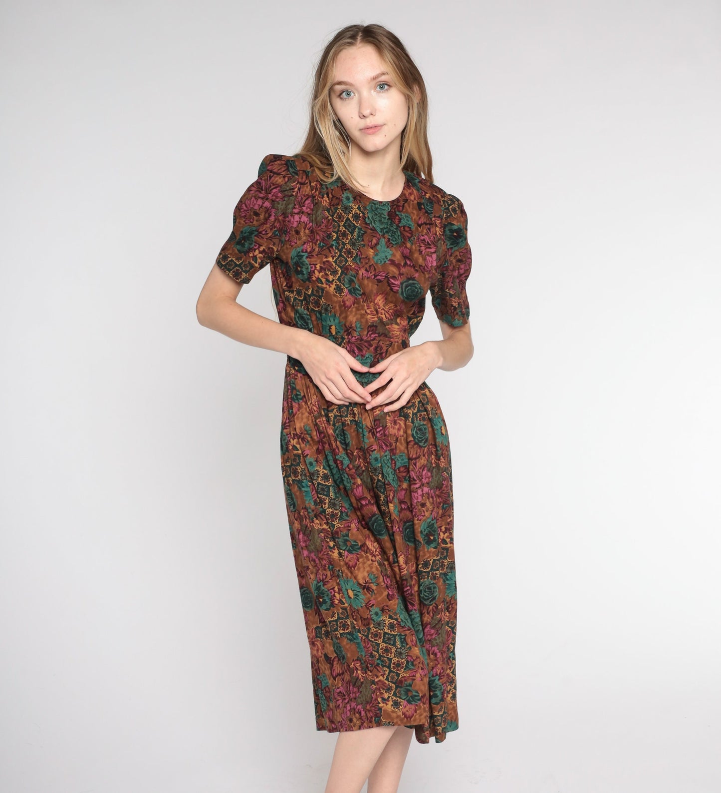 90s Brown Floral Midi Dress High Waist Puff Sleeve Pleated Rayon Small