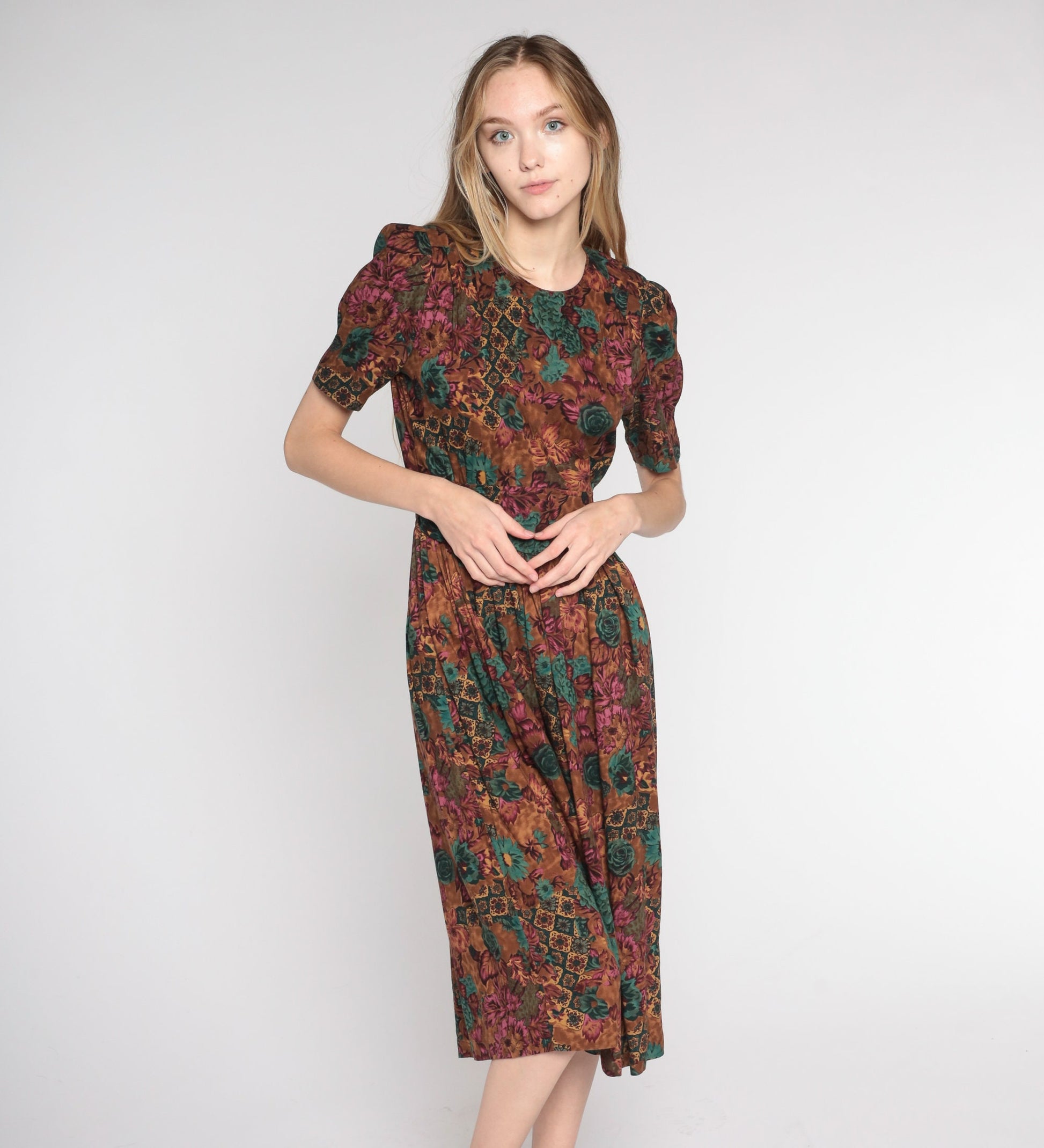 90s Brown Floral Midi Dress High Waist Puff Sleeve Pleated Rayon Small