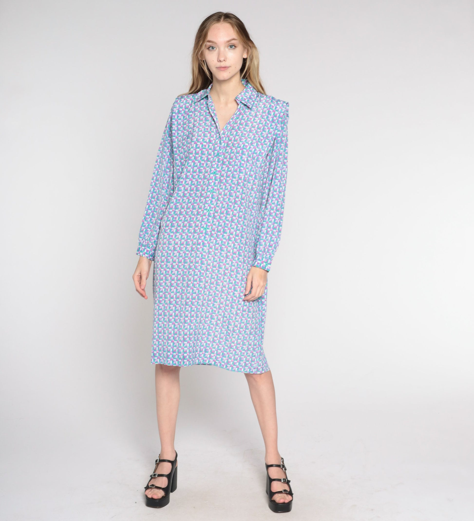 90s Checkered Button-Up Shirtdress Green Pink Knee Length Large
