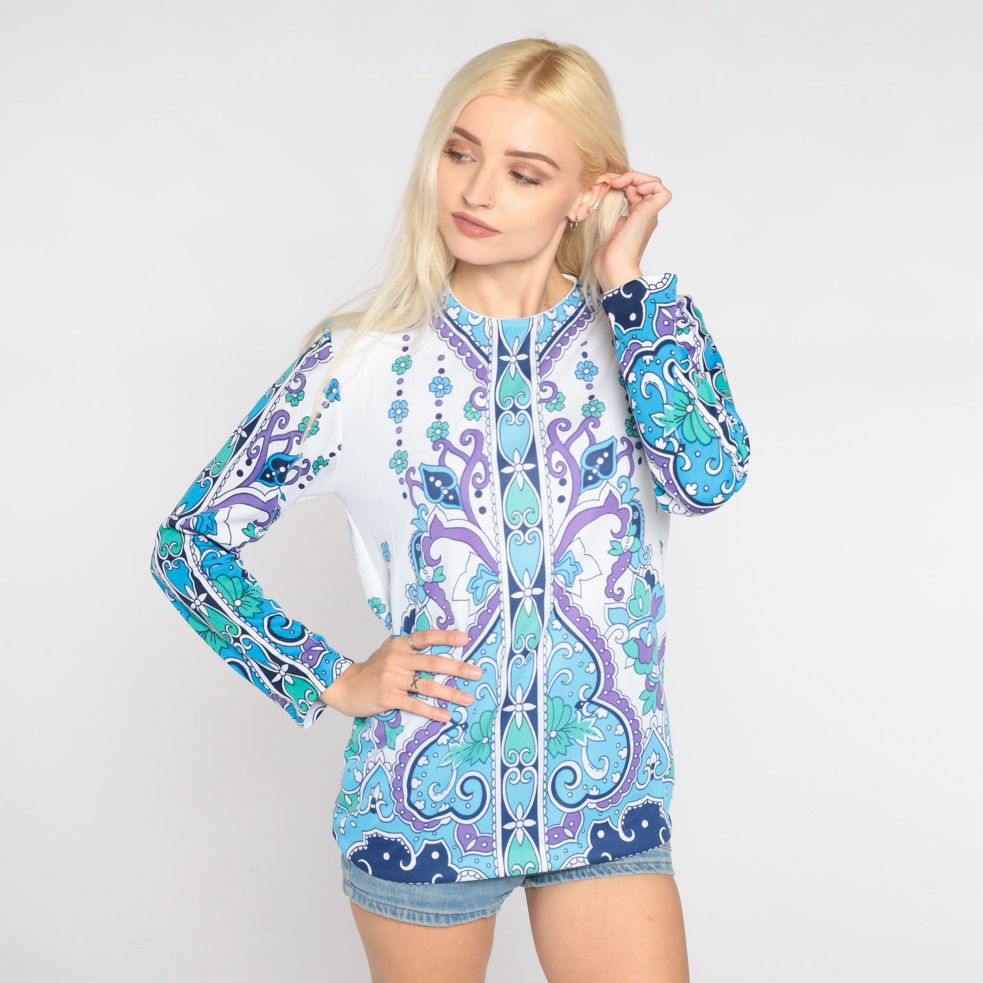 70s Floral Heart Swirl Print Blouse Long Sleeve White Blue Purple Small
