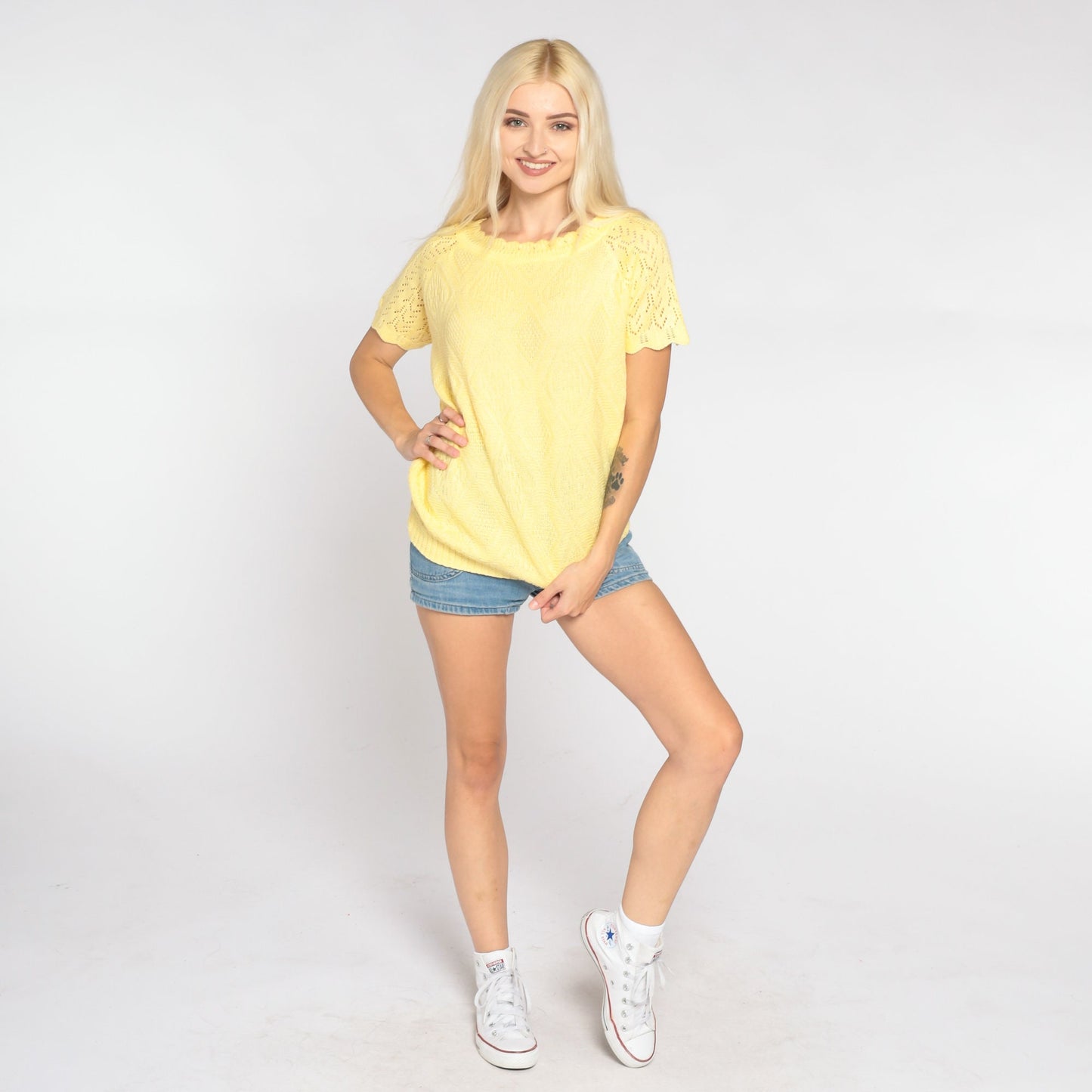 80s Yellow Knit Top Diamond Pointelle Cutout Crochet Raglan Large L