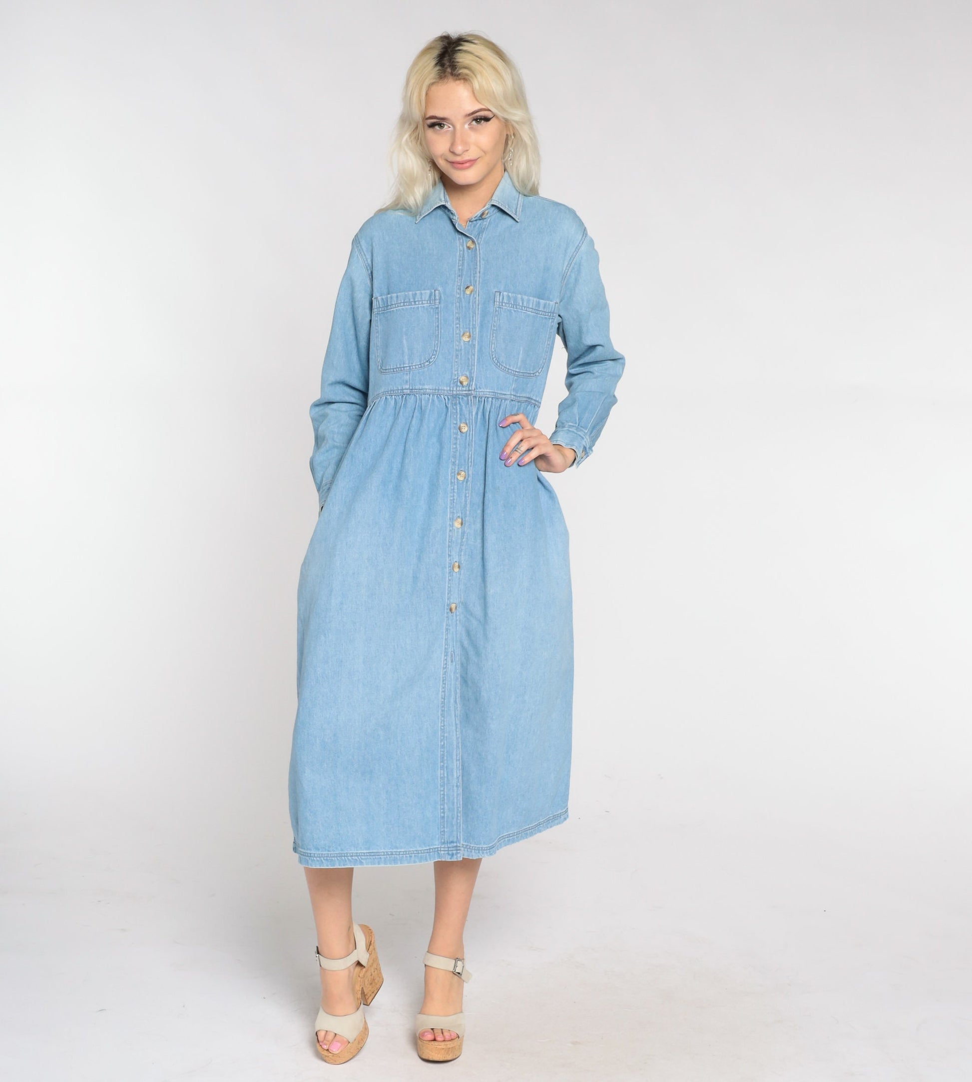 90s Blue Denim Midi Shirtdress High Waist Button Up Petite Small