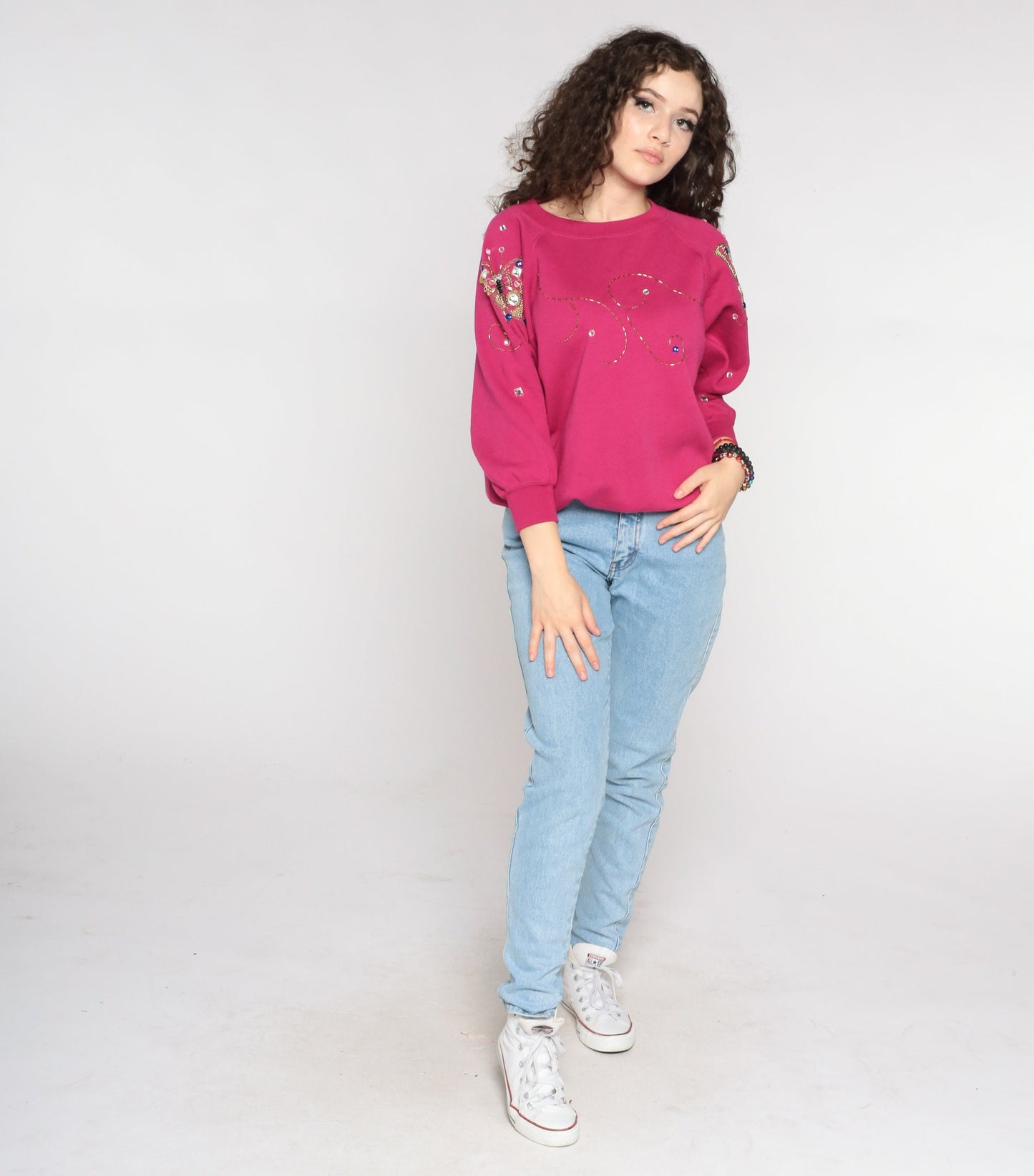 90s Beaded Butterfly Sweatshirt Fuchsia Pink Raglan Gem Embellished Small