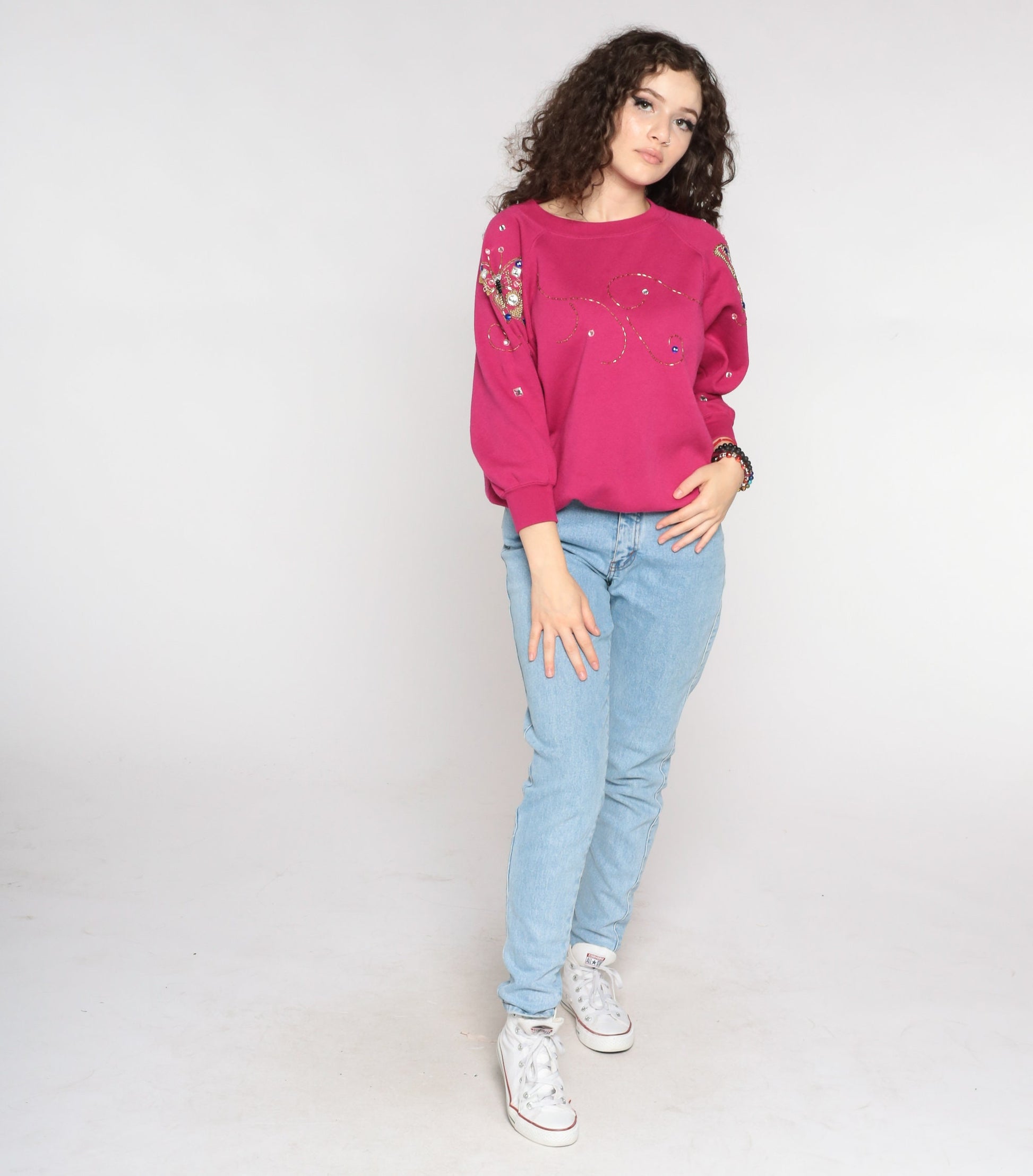 90s Beaded Butterfly Sweatshirt Fuchsia Pink Raglan Gem Embellished Small