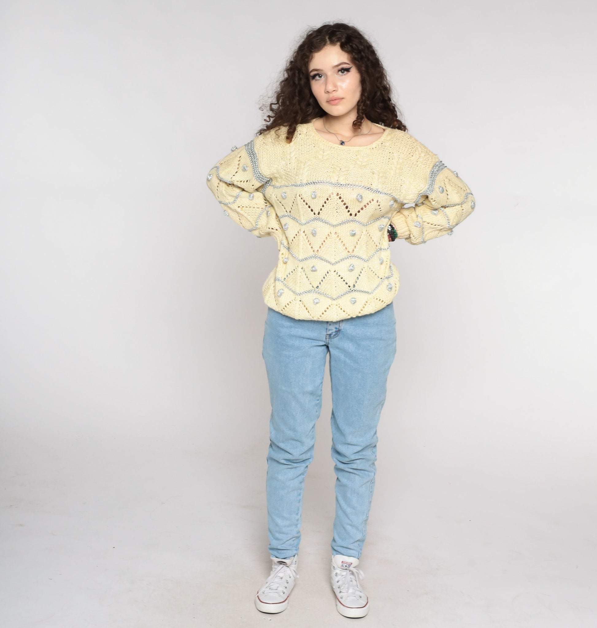 80s Metallic Cream Sweater Silver Sheer Pointelle Knit Cable Medium