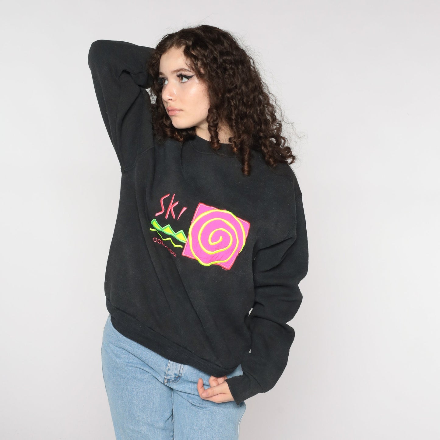 90s Ski Colorado Neon Graphic Sweatshirt Black Crewneck Medium