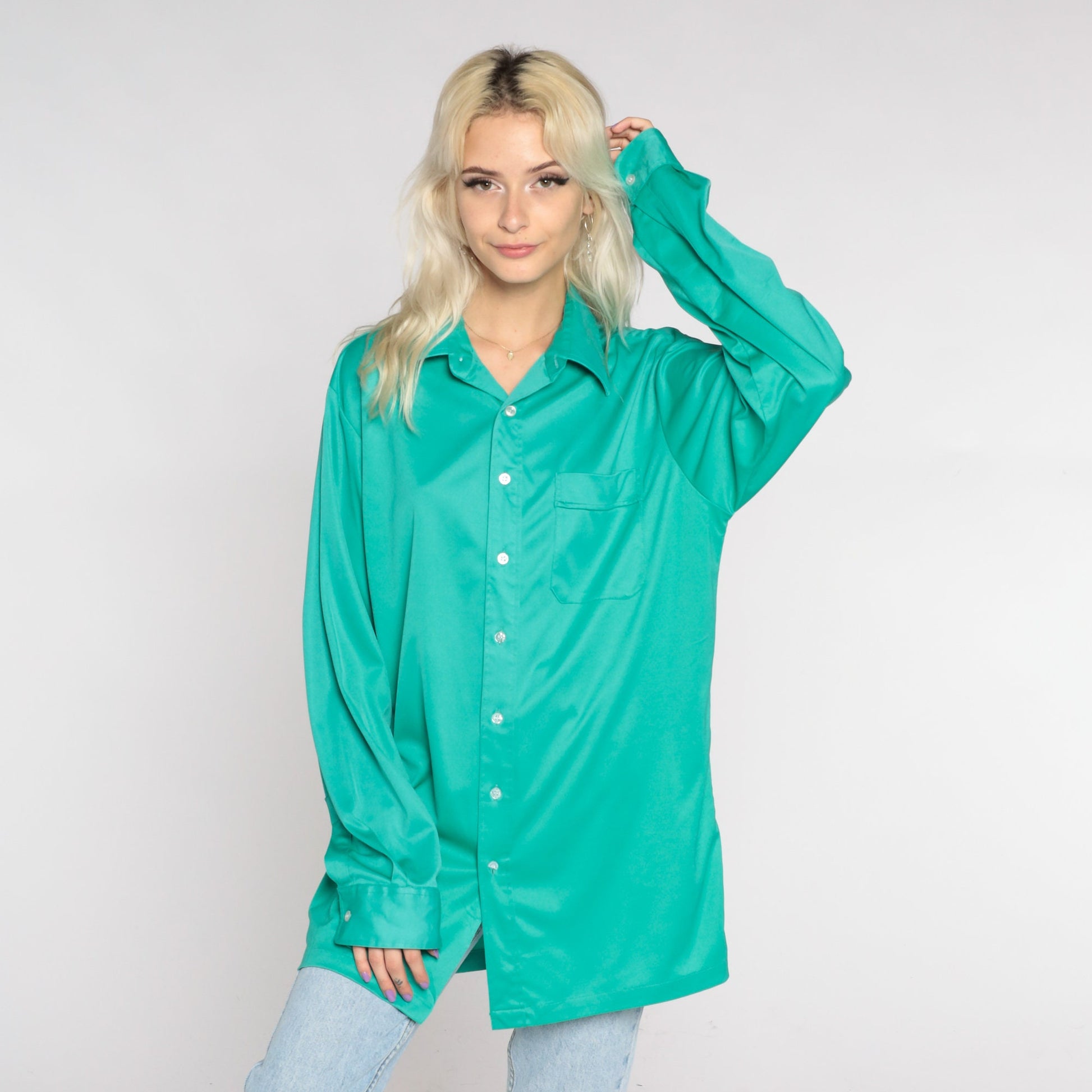 70s Green Dagger Collar Button-Up Shirt Long Sleeve Oxford Extra Large