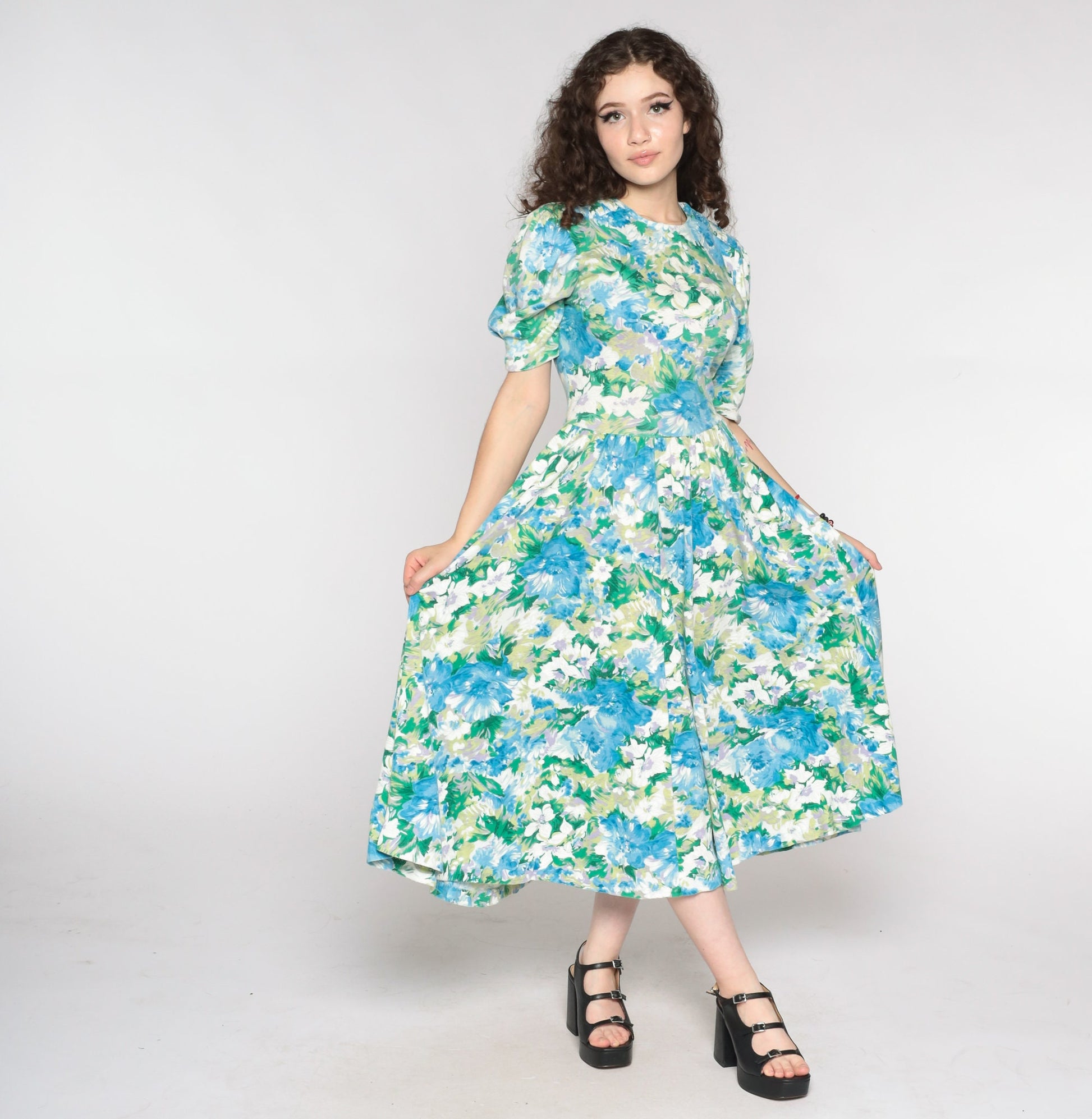 80s Floral Midi Dress Puff Sleeve Blue Green Watercolor Print Small Medium