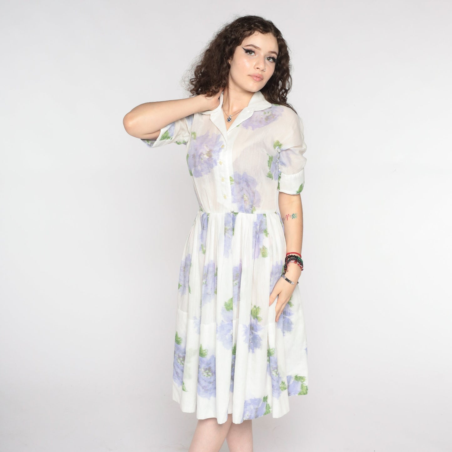 60s Floral Shirtwaist Dress White Lavender Button-Up Midi Small
