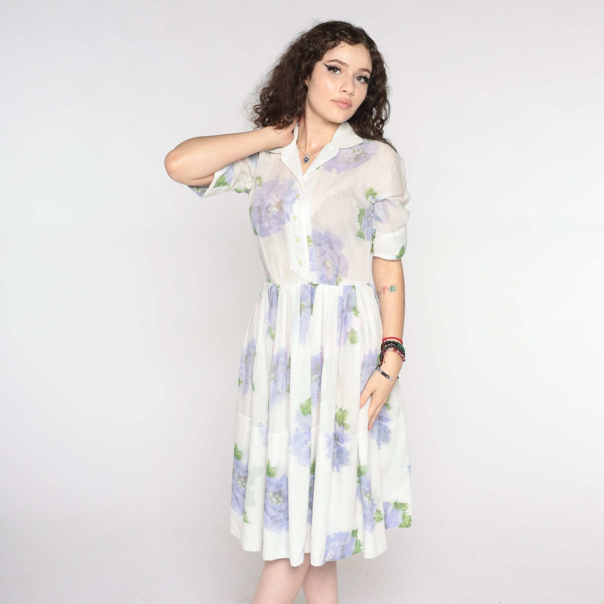60s Floral Shirtwaist Dress White Lavender Button-Up Midi Small