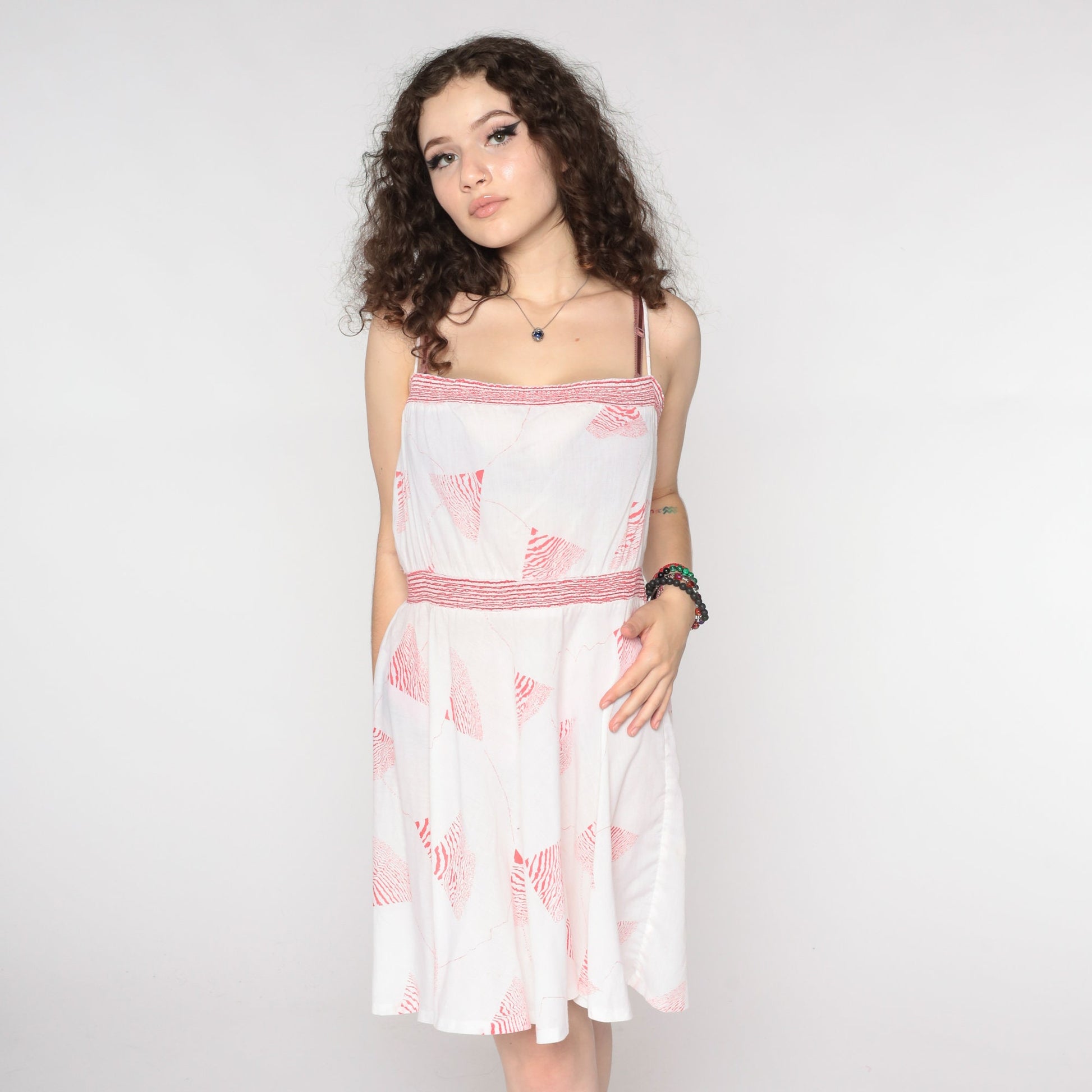 80s White Geometric Mini Sundress Red Print Spaghetti Strap Medium