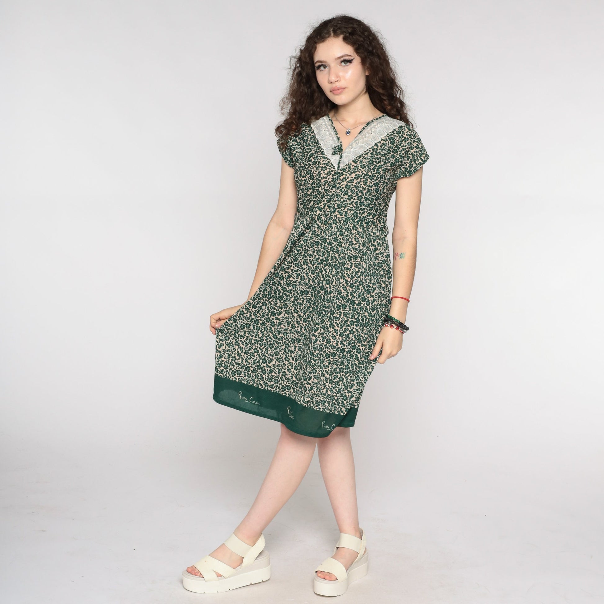 80s Pierre Cardin Green Floral Midi Dress V-Neck Lace Yoke Small