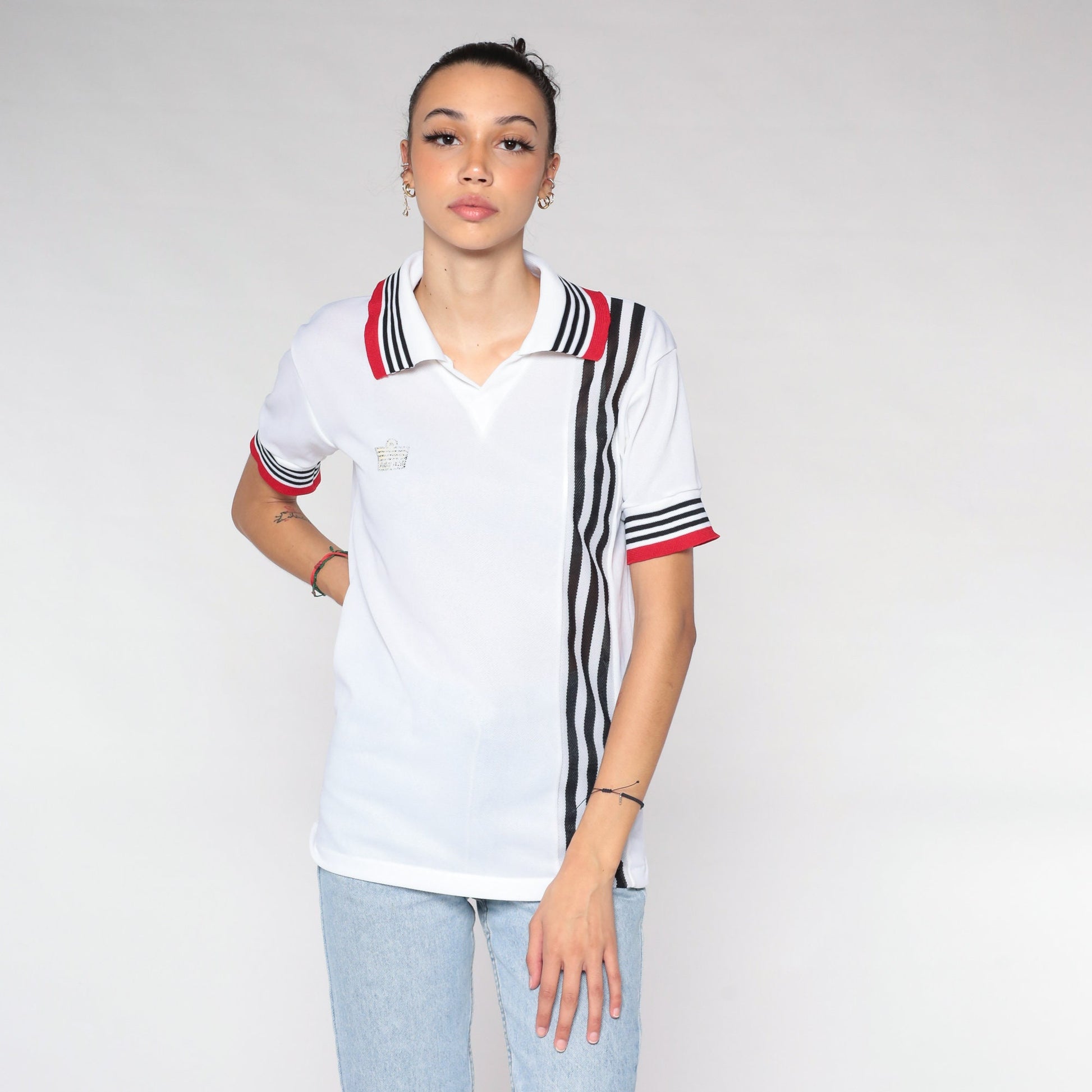 90s Admiral Polo Shirt White Red Black Striped Small S