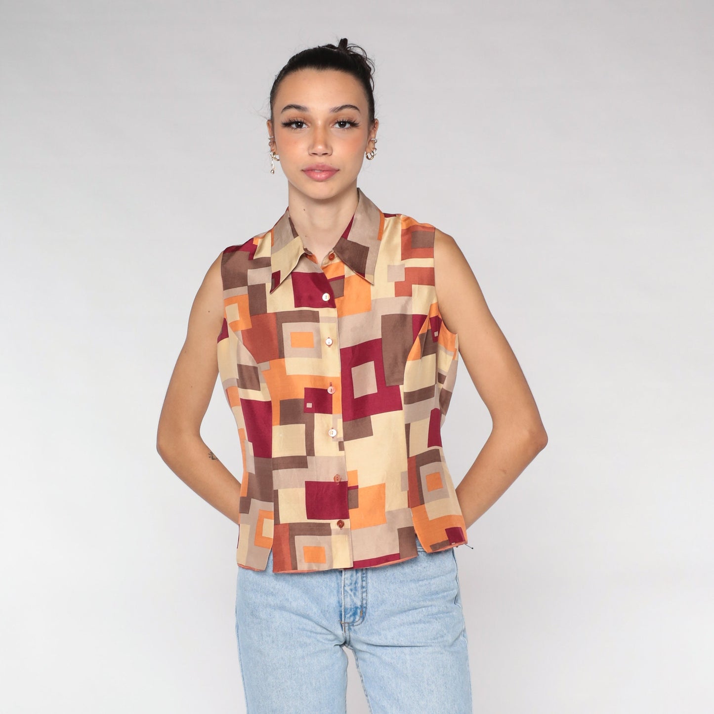 Y2K Silk Tank Top Geometric Square Print Brown Orange Medium M