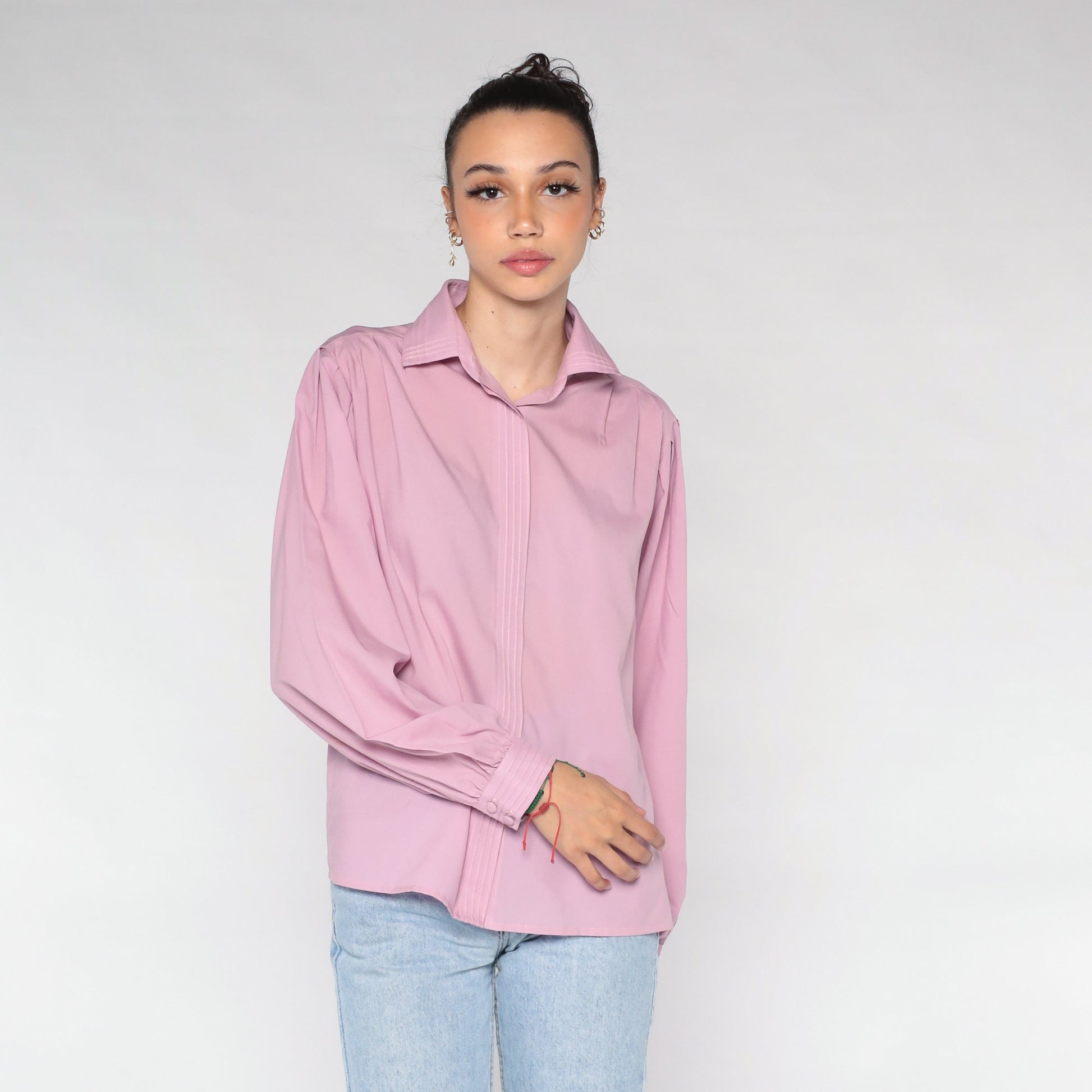Y2K Pink Blouse Hidden Button Balloon Sleeve Collared Shirt Large L