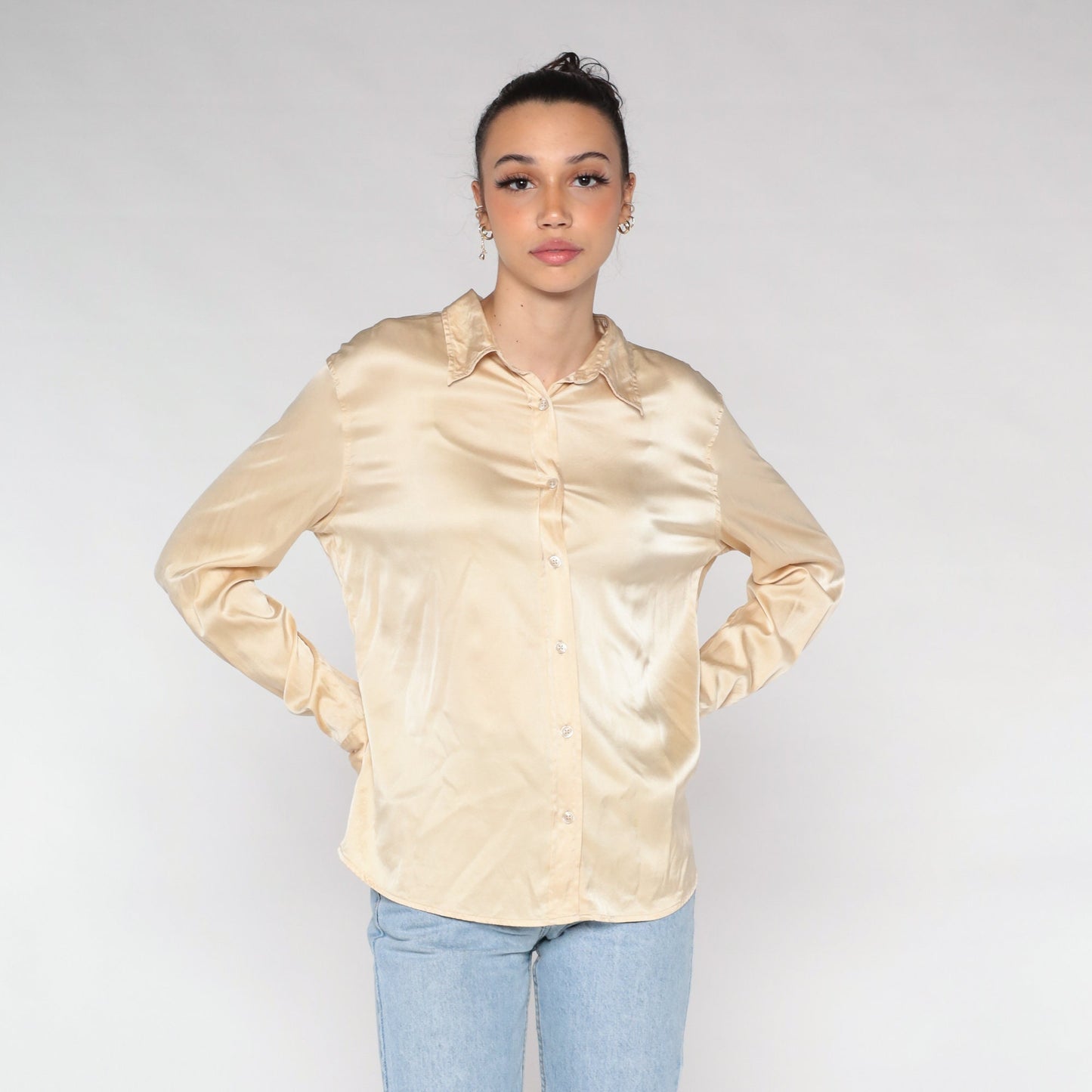 00s Gap Champagne Silk Button-Up Blouse Long Sleeve Collared Shirt Large L