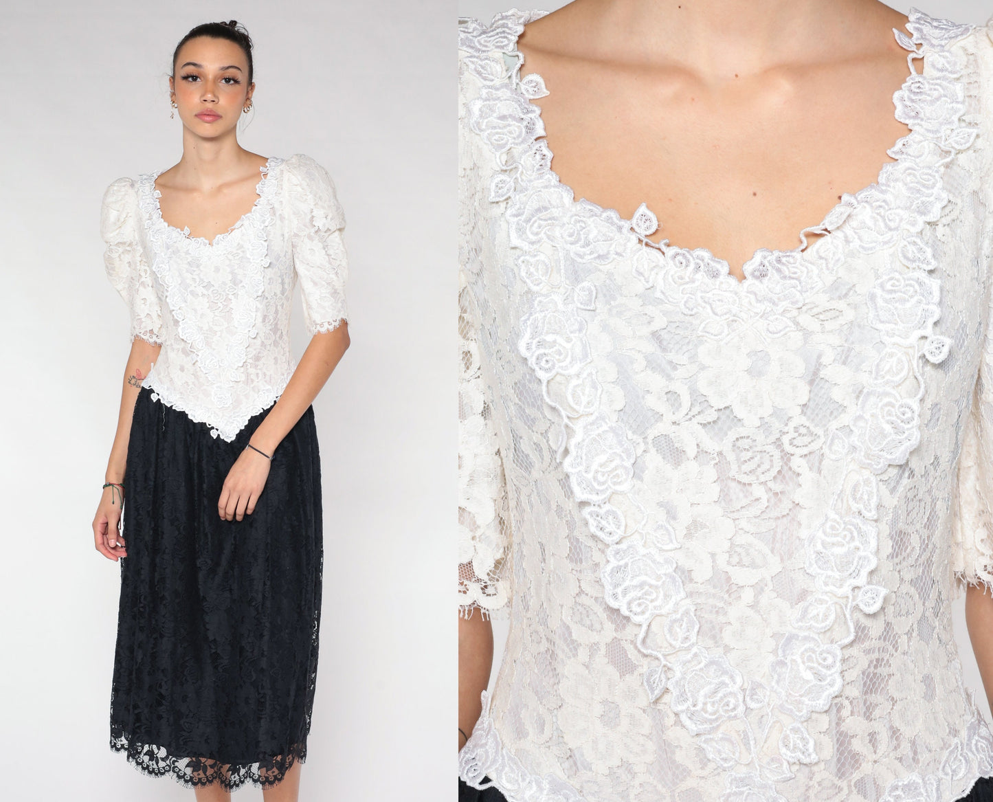 80s Black White Lace Midi Dress Puff Sleeve Basque Waist Small