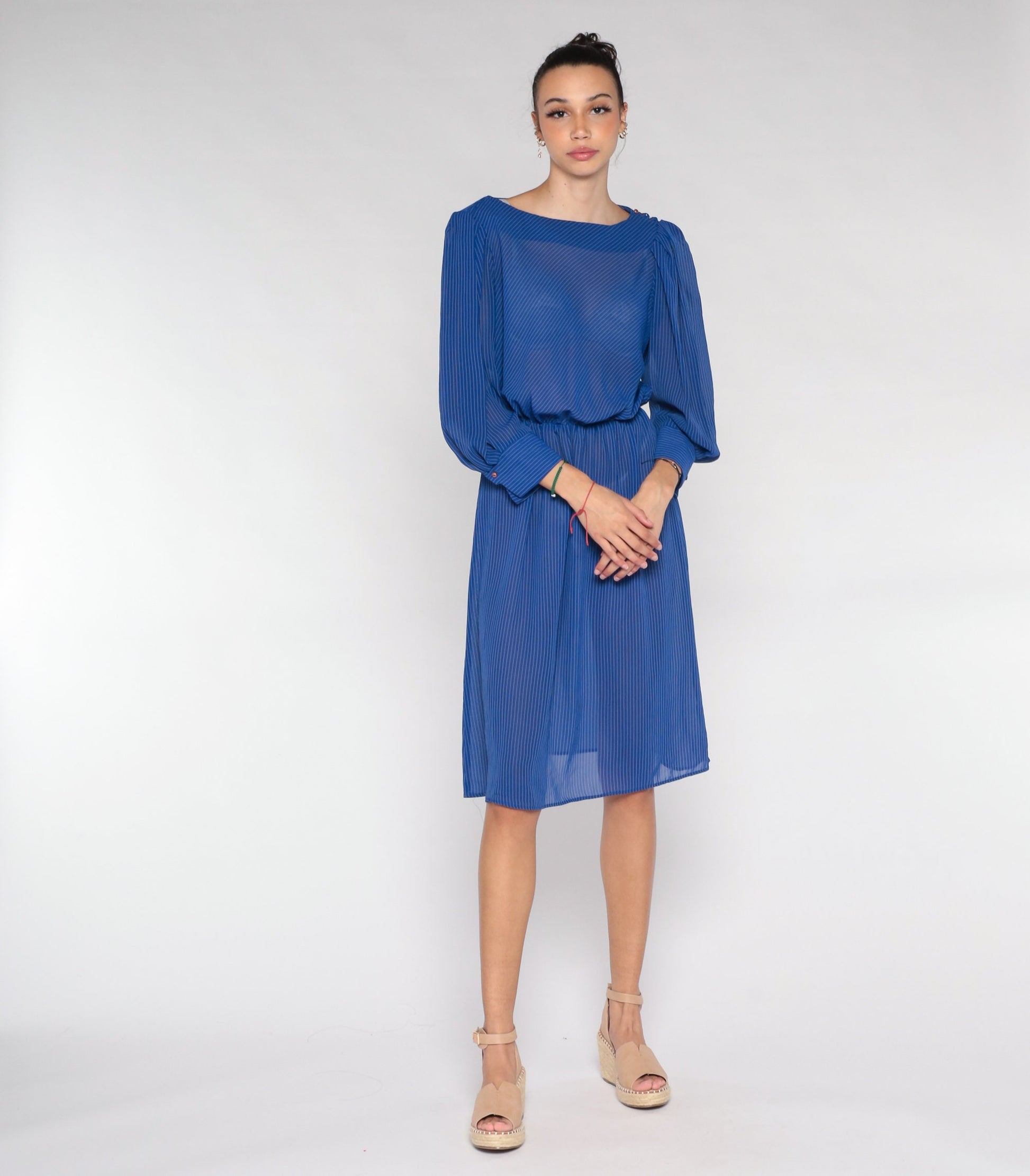 70s Striped Midi Dress Blue Sheer Puff Sleeve High Waist Small Medium