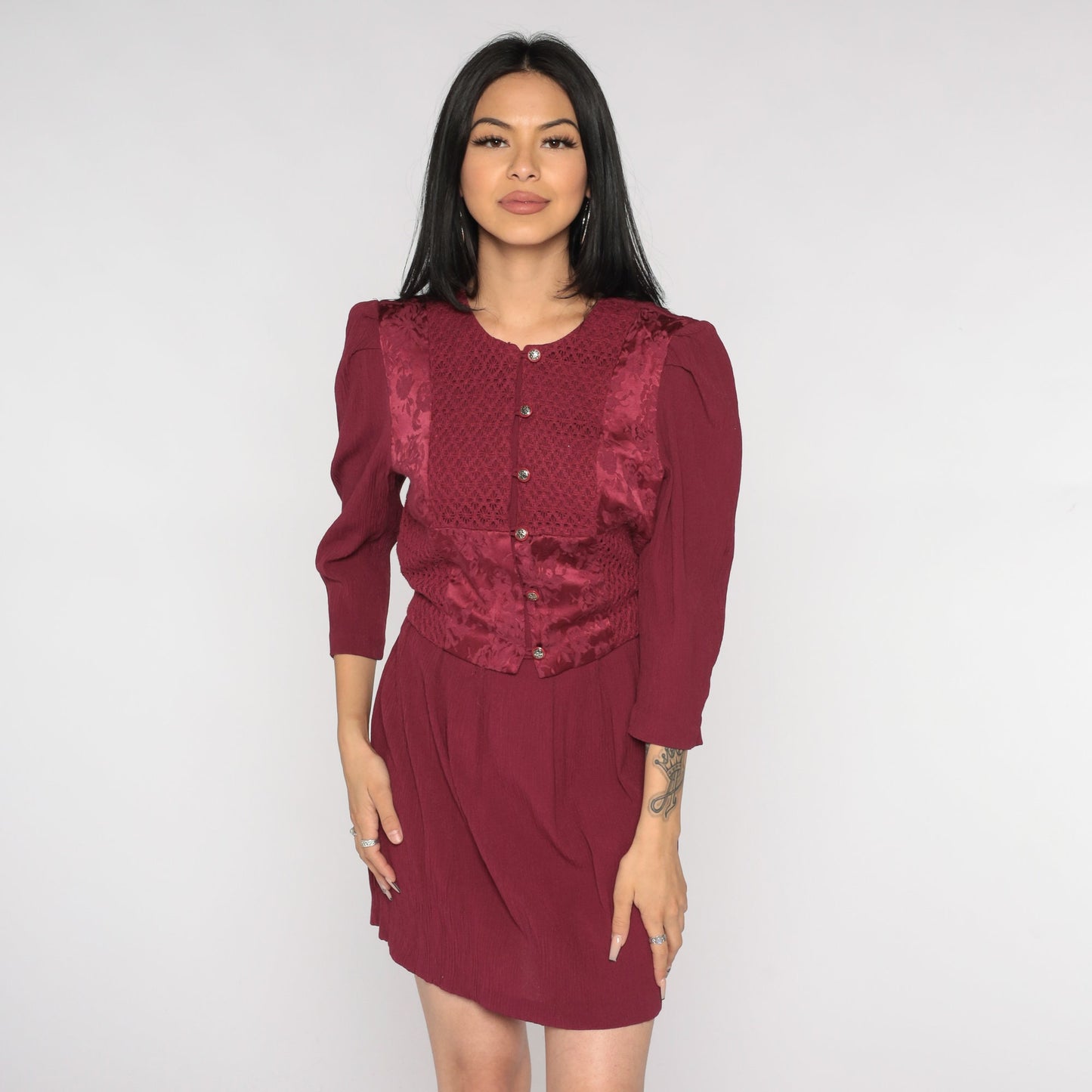 90s Burgundy Brocade Floral Mini Dress Puff Sleeve Button Front Medium M