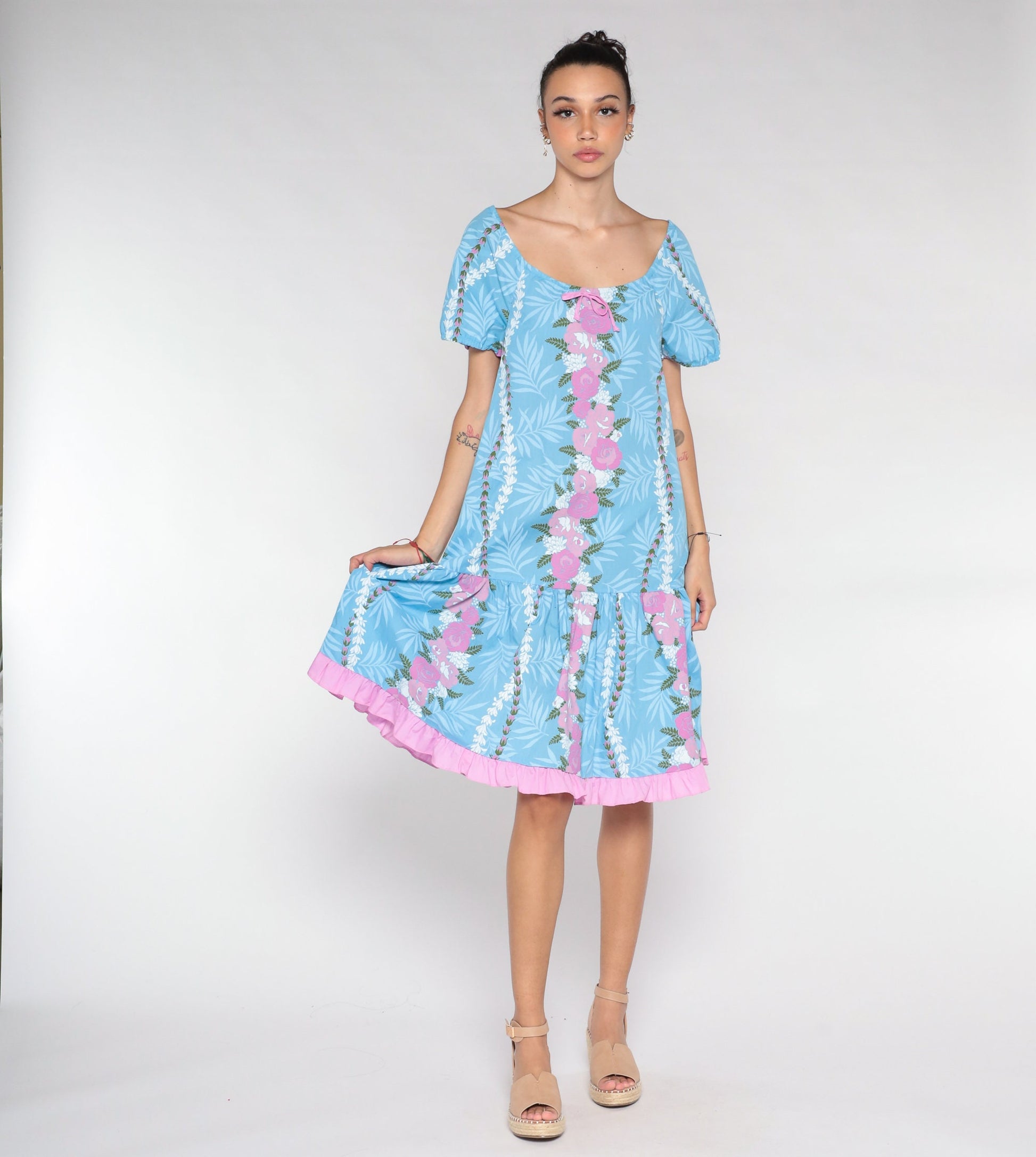 90s Blue Floral Midi Dress Pink Flower Fern Print Tent Cut Short Sleeve Extra Small