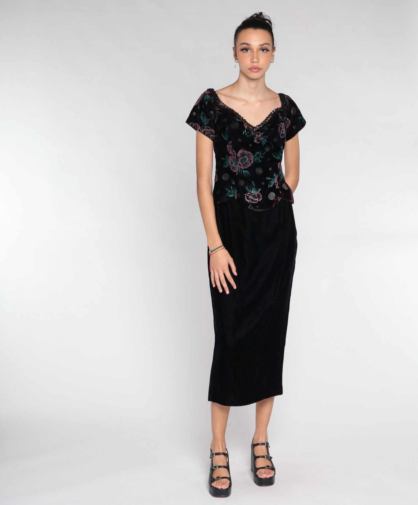 90s Scott McClintock Velvet Midi Dress Floral Bodice Wine Black Small S