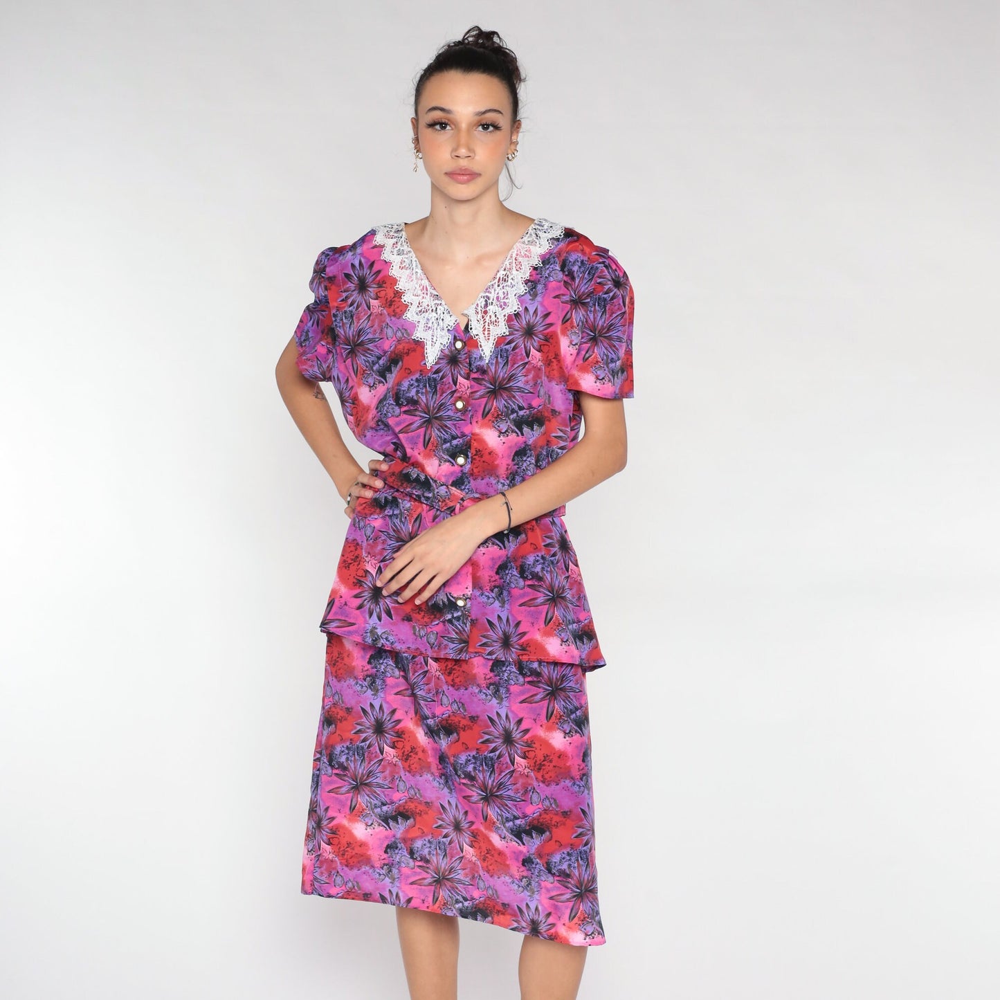 80s Floral Midi Dress Pink Purple Lace Collar Peplum Button-Up Medium