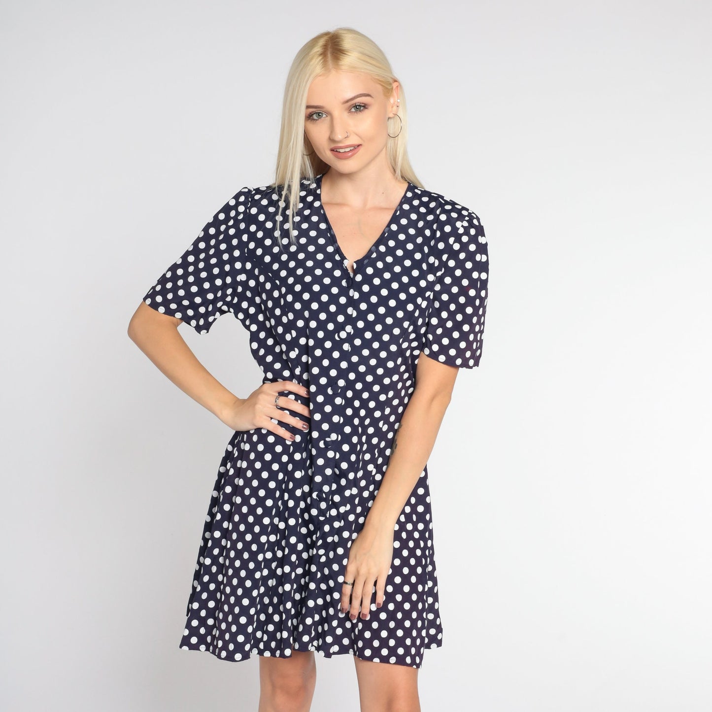 90s Navy Polka Dot Romper White Print Button-Up Short Sleeve Wide Leg Medium M