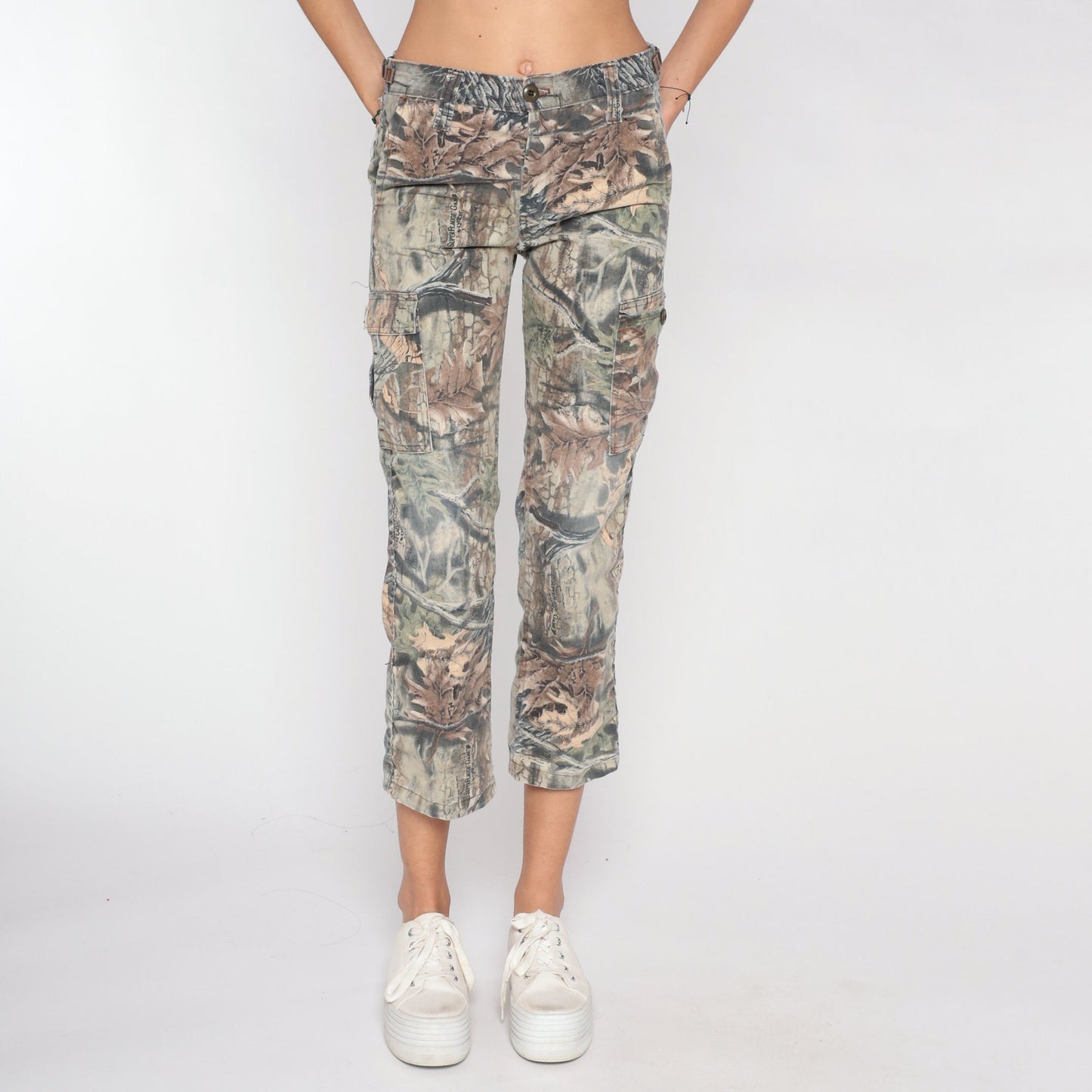 90s Camo Leaf Print Cropped Trousers Skinny Ankle Brown Extra Small