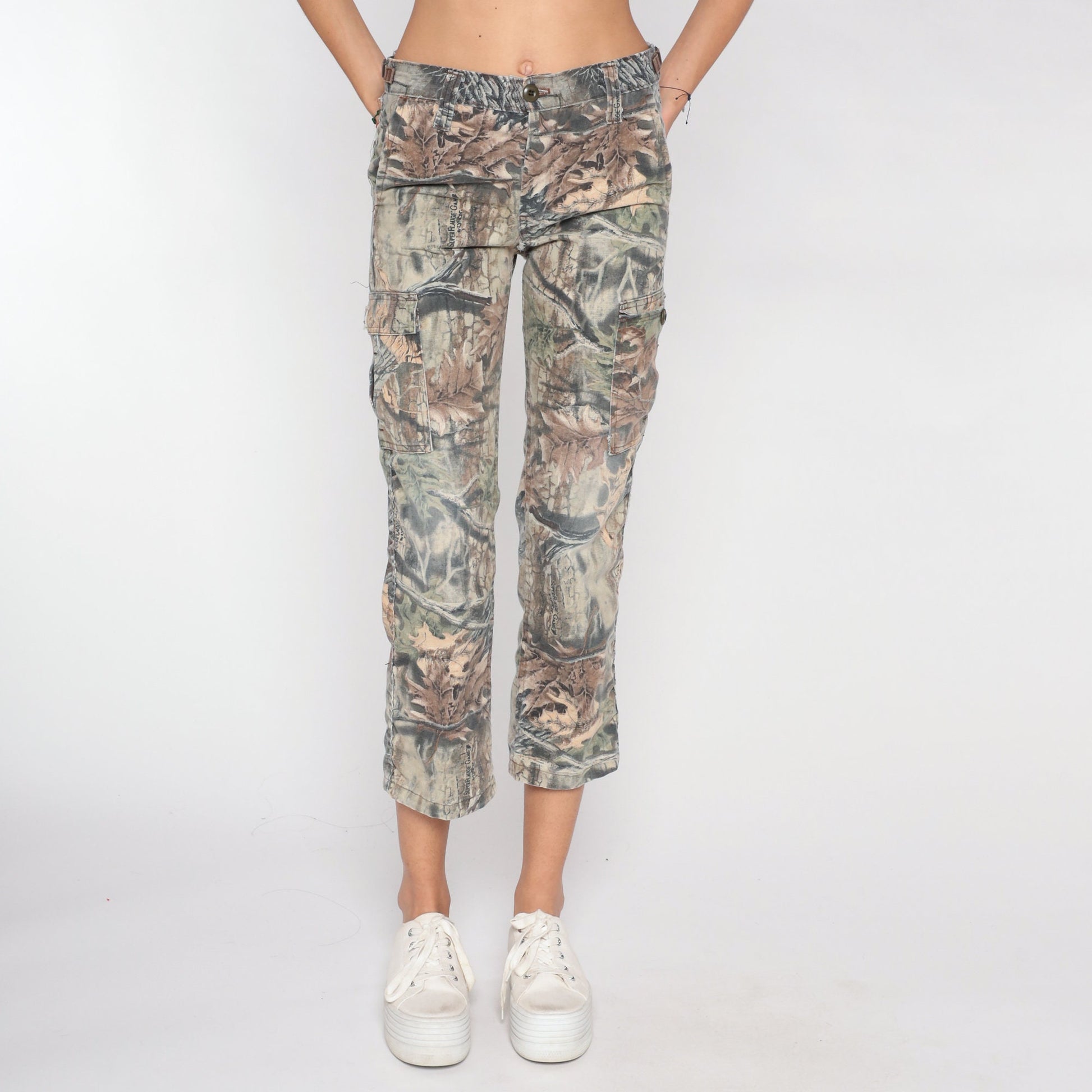 90s Camo Leaf Print Cropped Trousers Skinny Ankle Brown Extra Small