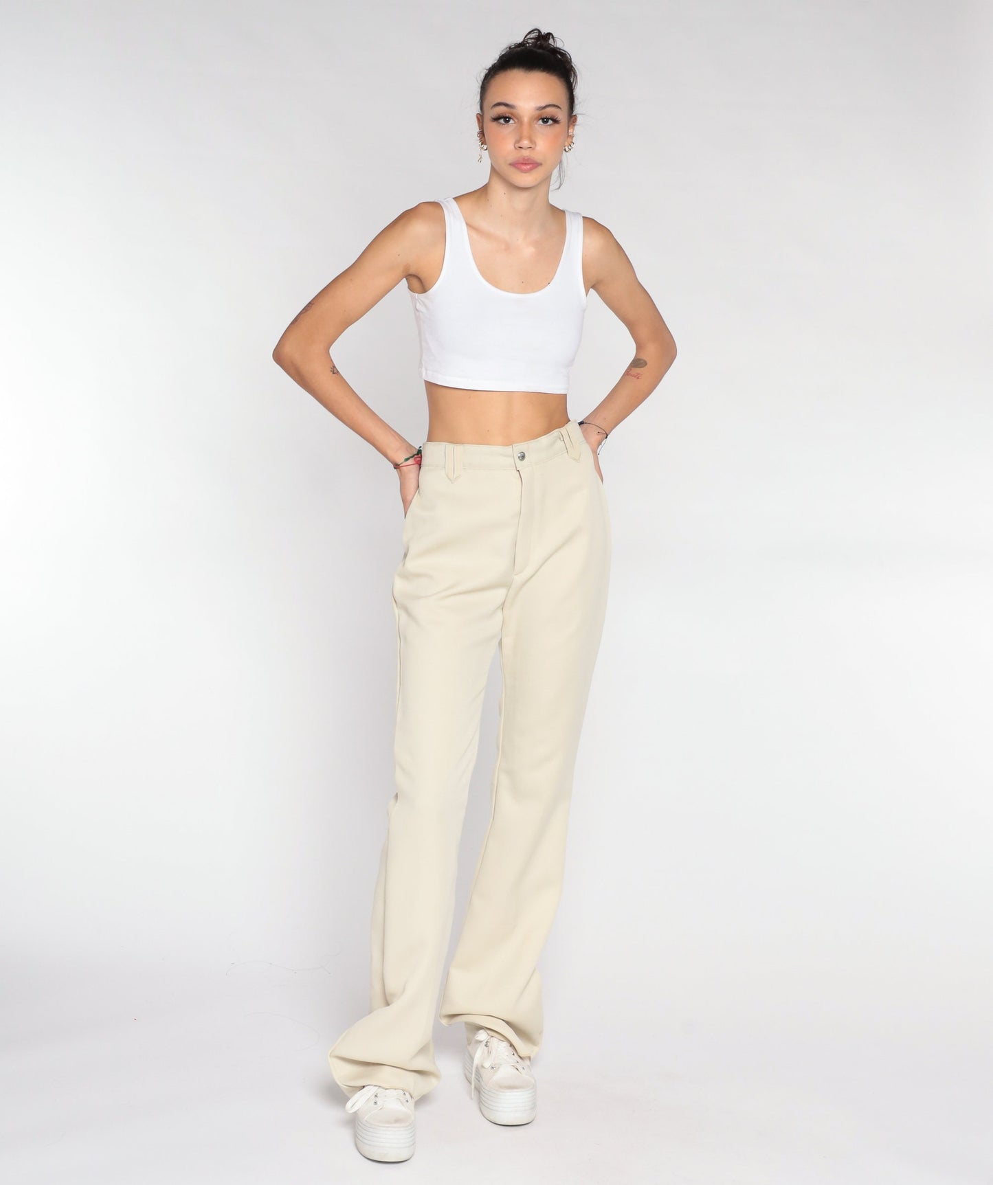 70s Cream High-Rise Straight Leg Trousers Small S
