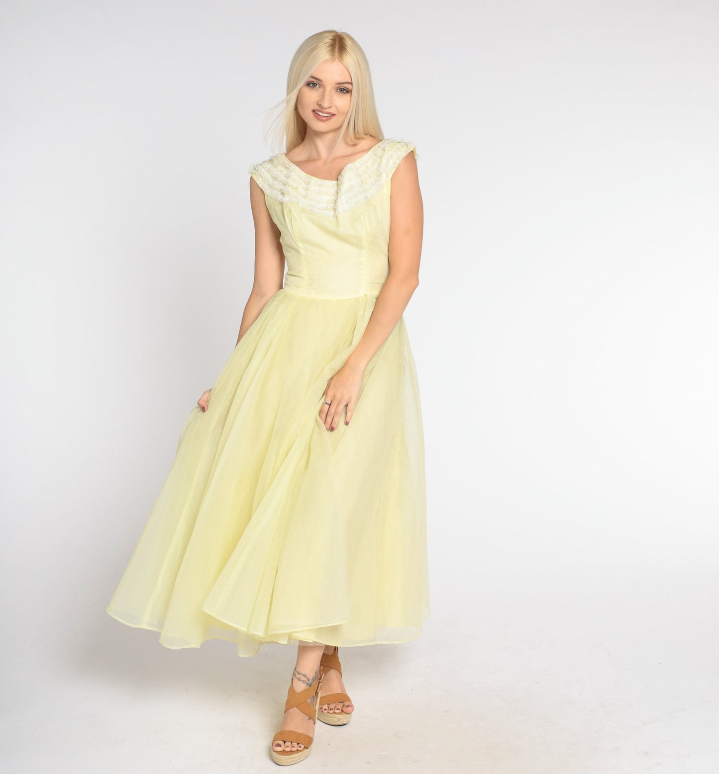 60s Yellow Chiffon Maxi Dress Lace Trim High Waist Full Skirt Extra Small