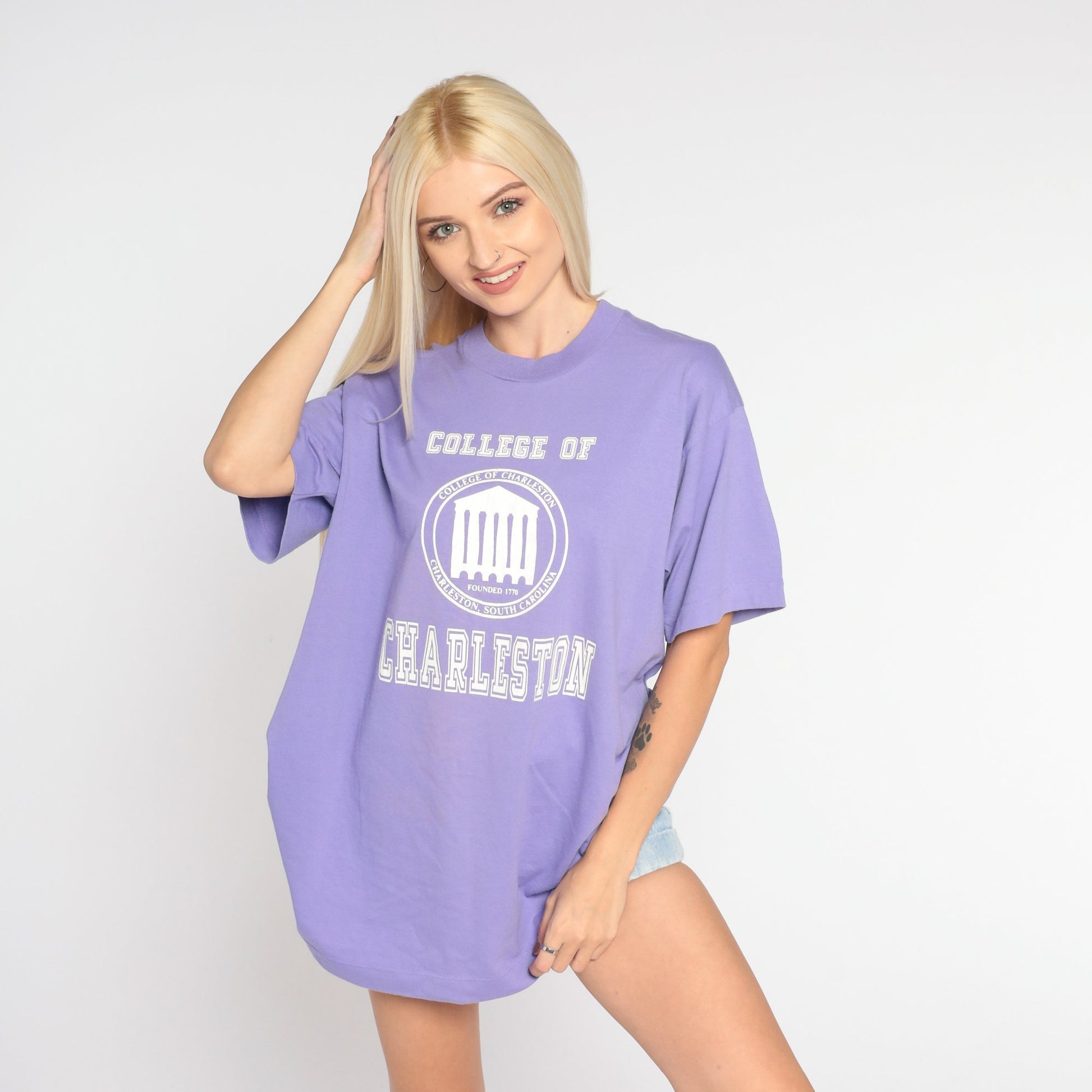 90s College of Charleston Graphic T-Shirt Lavender Screen Stars Large
