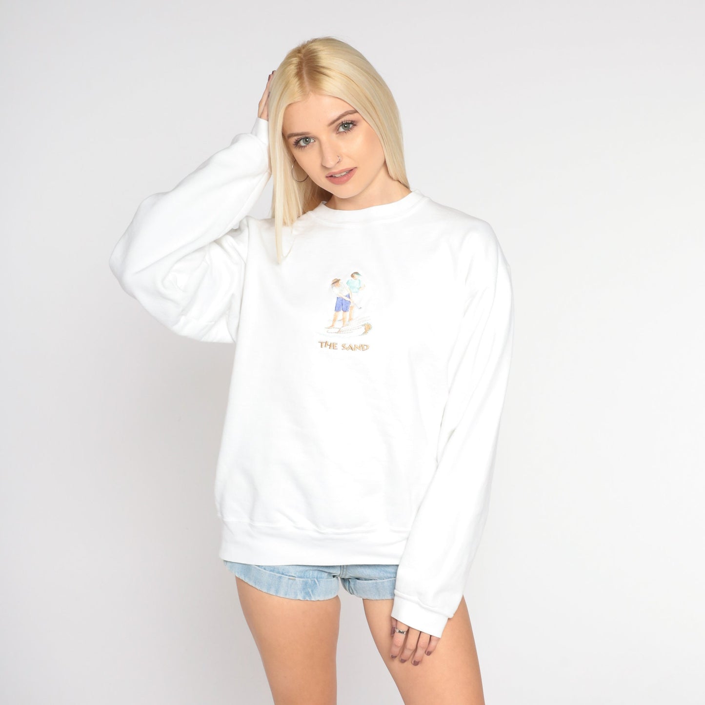 90s Embroidered Golfer Sweatshirt White The Sand Putting Print Crewneck Medium M