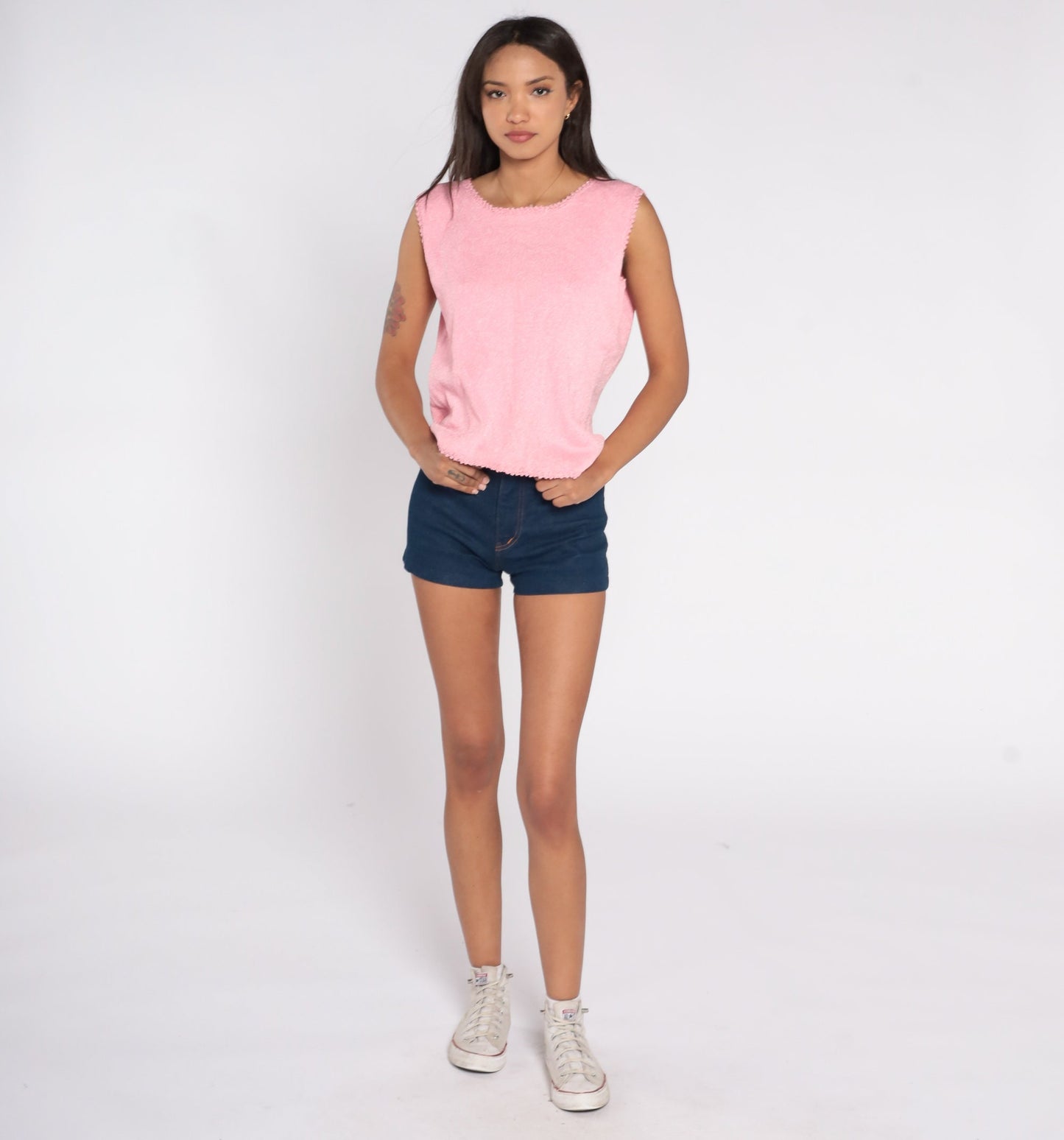 60s Pink Knit Tank Top Scalloped Trim Rear Zipper Large L
