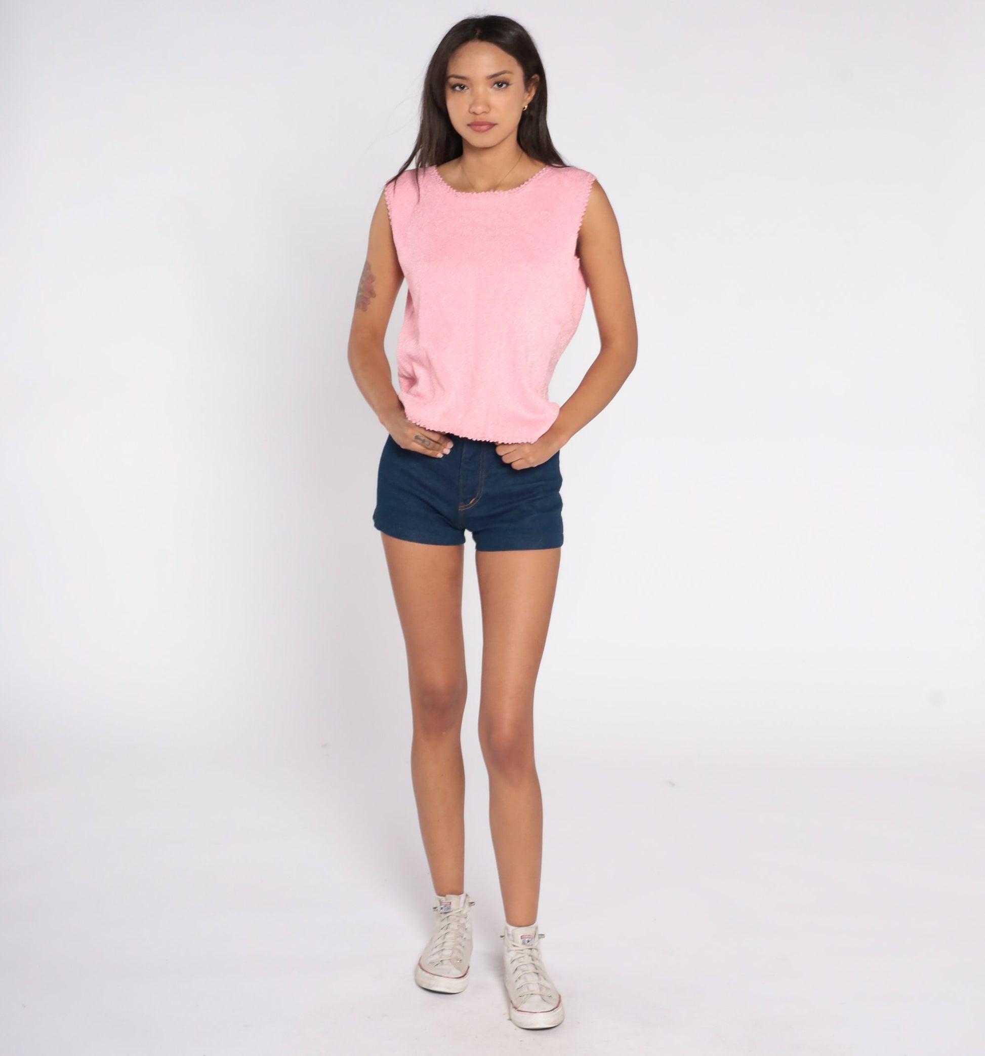60s Pink Knit Tank Top Scalloped Trim Rear Zipper Large L