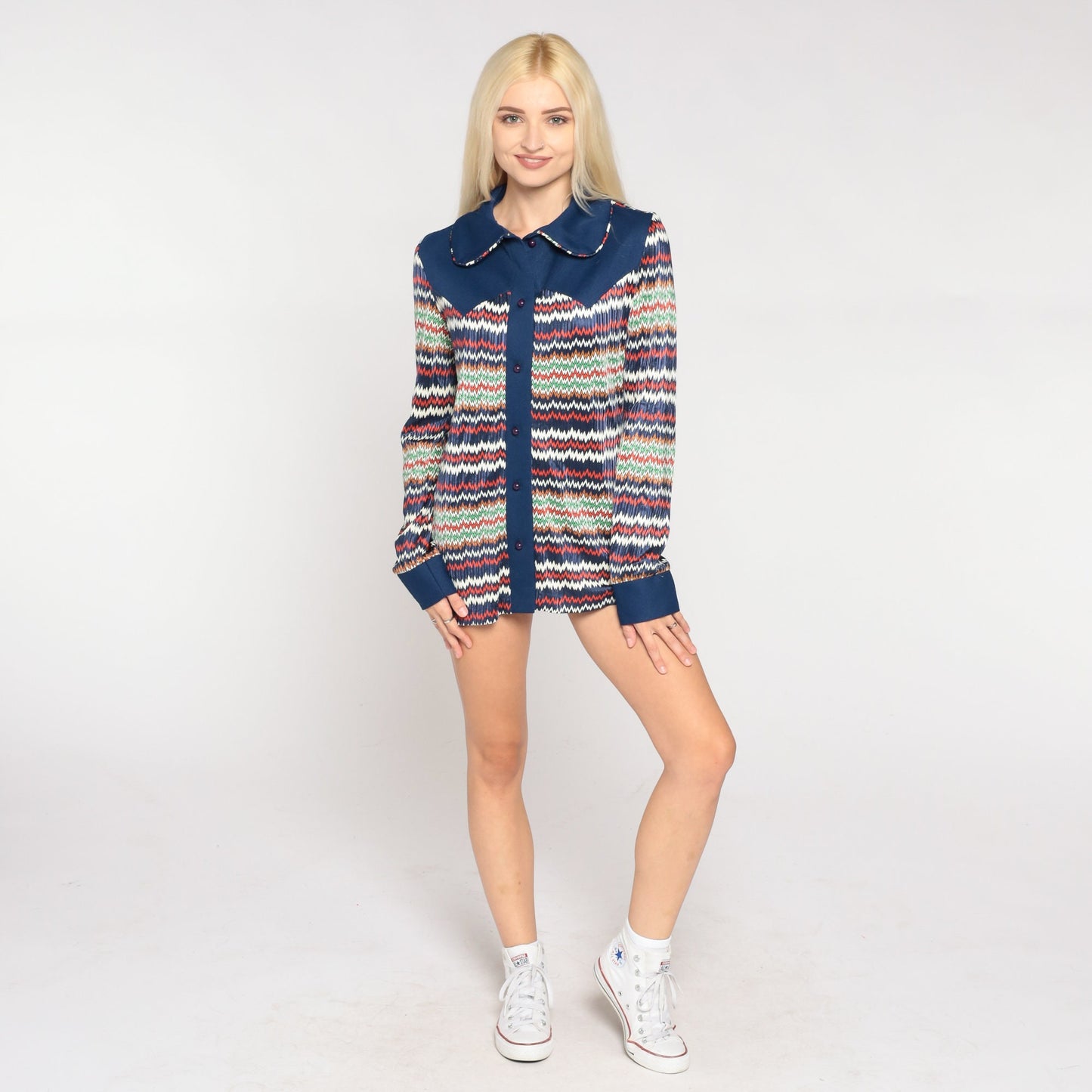 70s Navy Zig Zag Striped Button Up Blouse Peter Pan Collar Long Sleeve Small