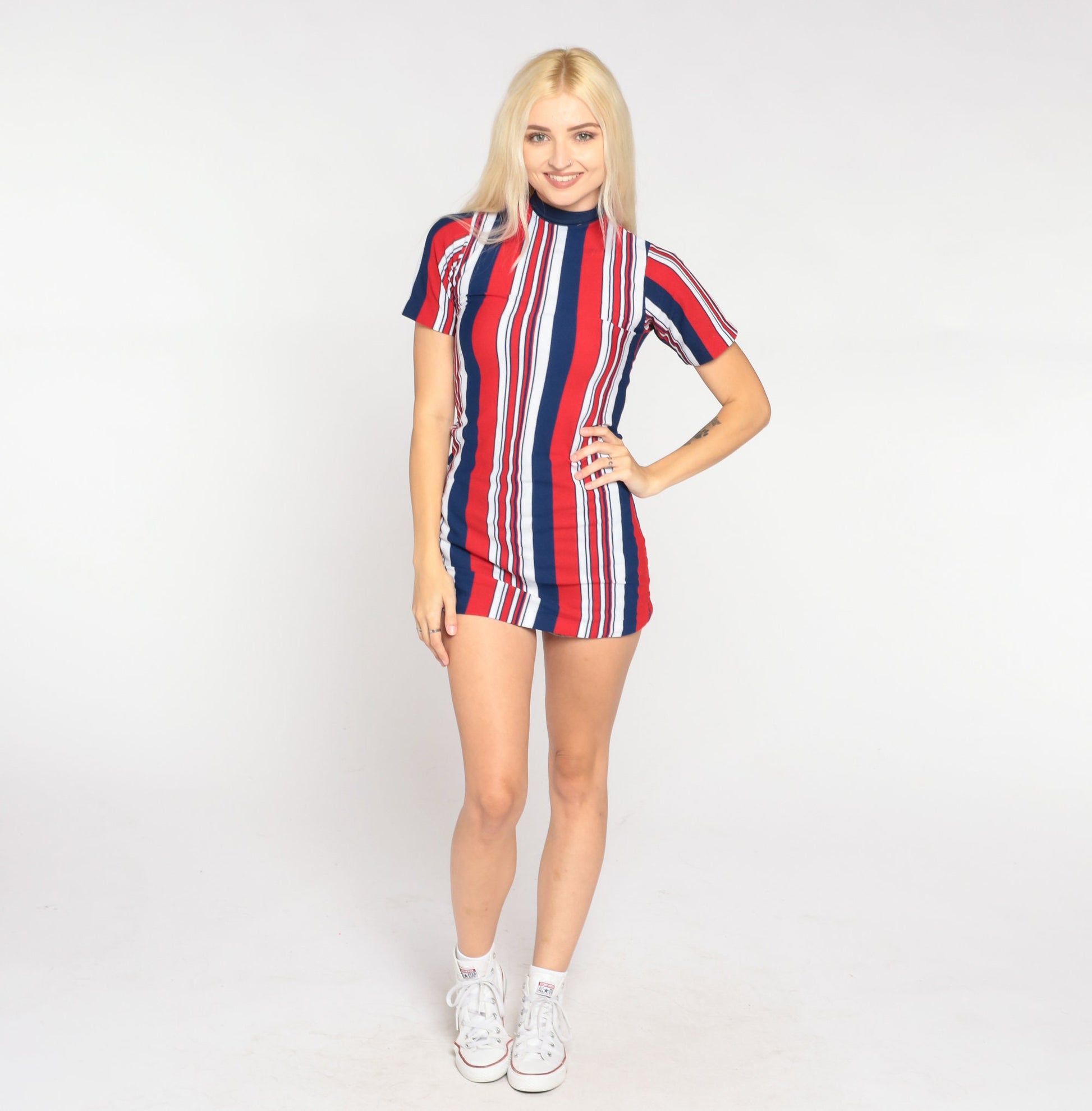 70s Striped Mock Neck Blouse Red White Blue Short Sleeve XXS