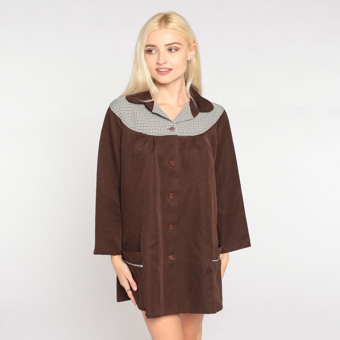70s Brown Checkered Yoke Button-Up Tunic Blouse Long Sleeve Medium M