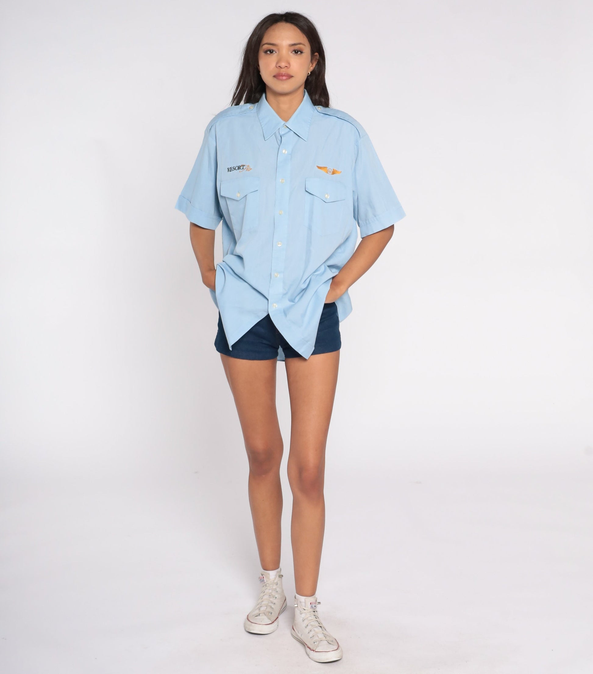 80s Van Heusen Resort Air Pilot Shirt Baby Blue Button Up Large