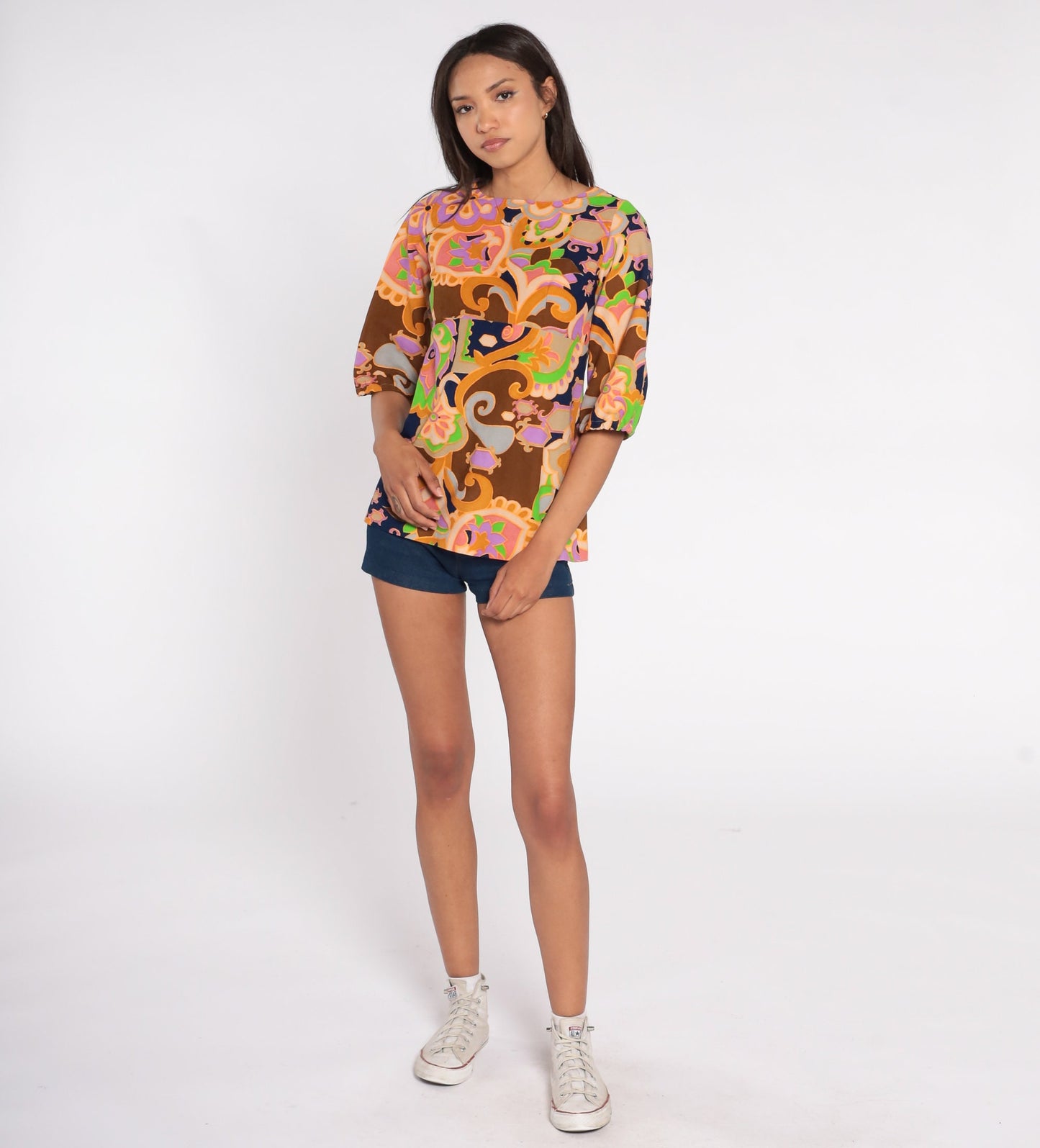 70s Floral Blouse Half-Sleeve Empire Waist Brown Psychedelic Shirt XS