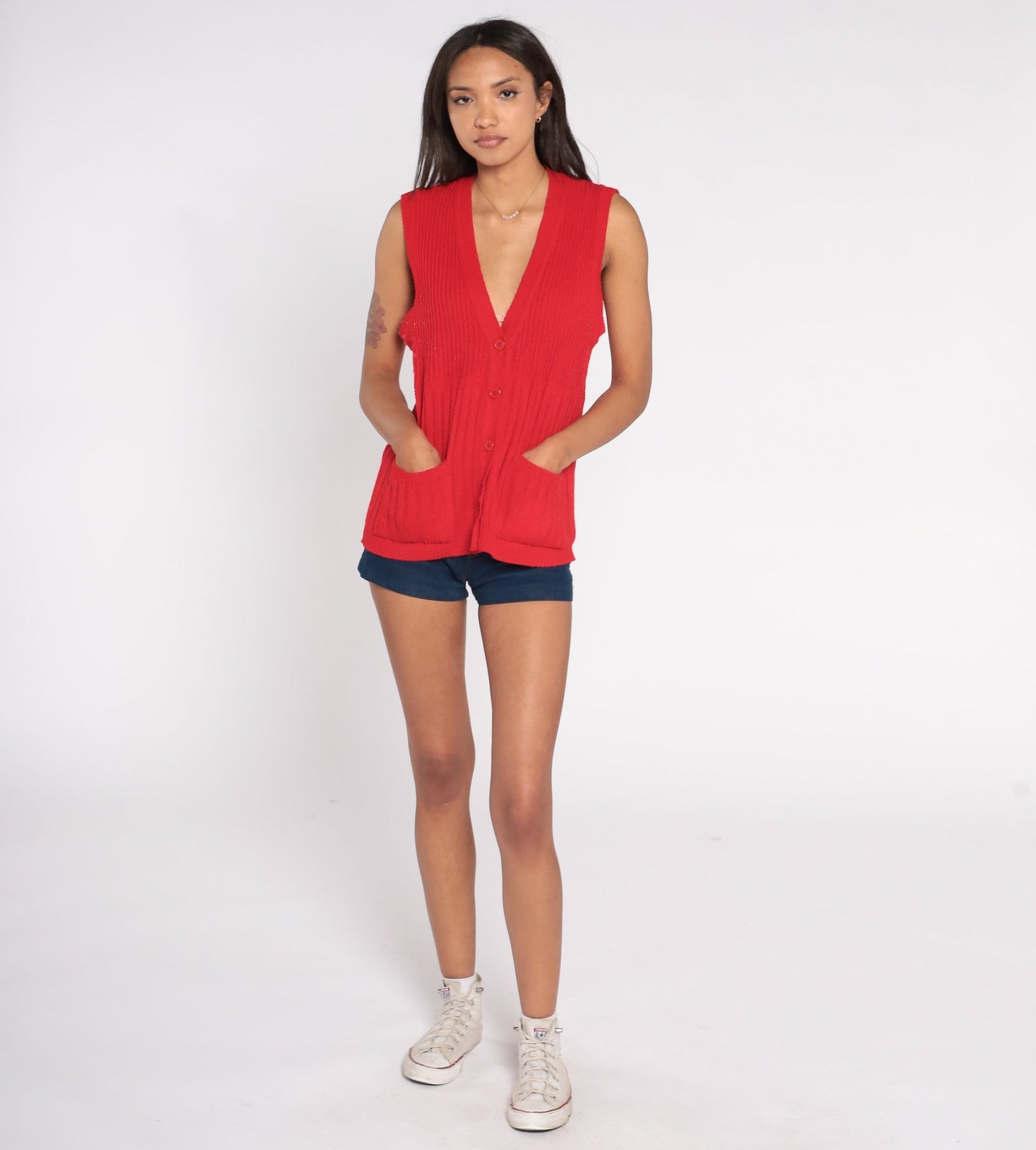 80s Red Ribbed Knit Sweater Vest Button-Up V-Neck Sleeveless Large L