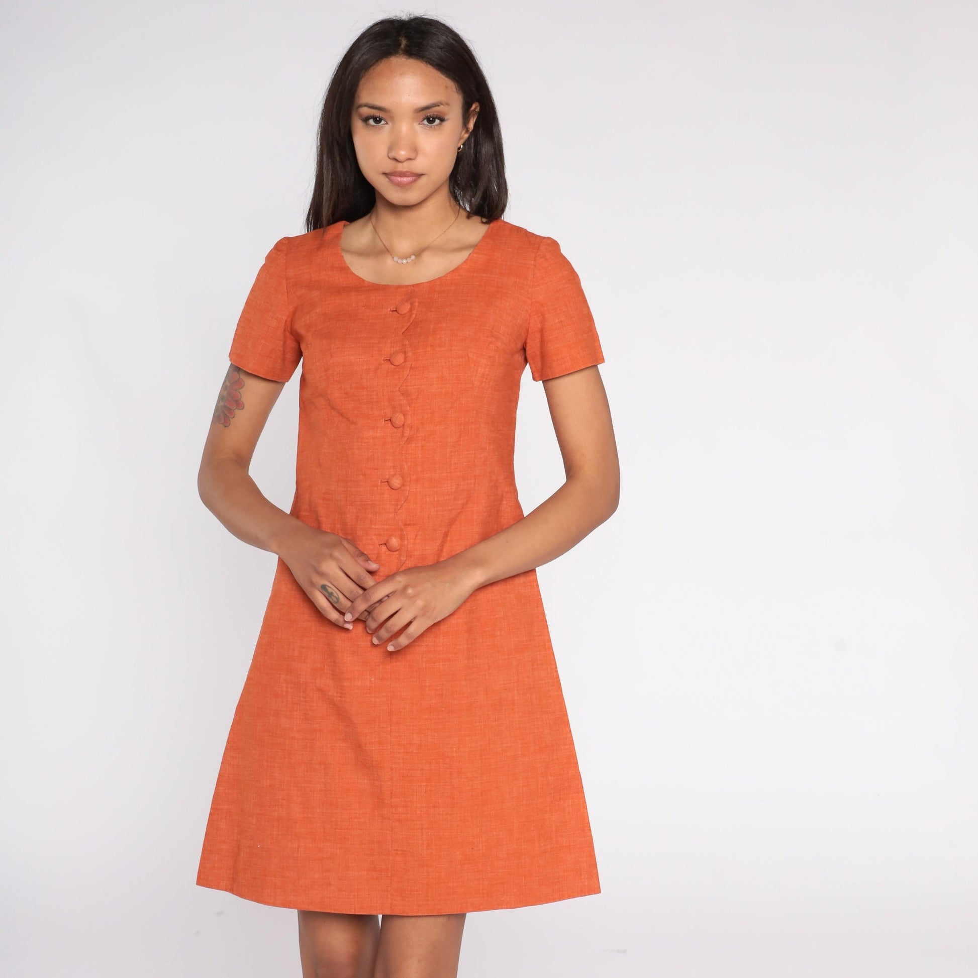 60s Burnt Orange Shift Dress Mini Button-Up Short Sleeve Cotton Extra Small