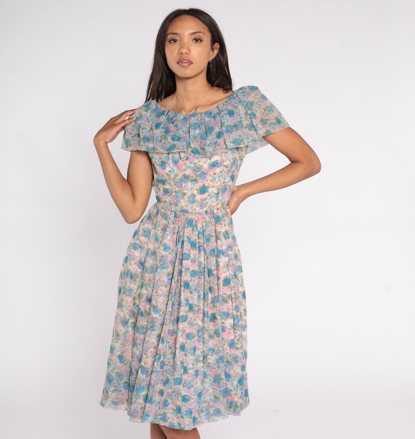 60s Floral Chiffon Midi Dress Ruffle Neckline High Waist Blue Pink Rose Small
