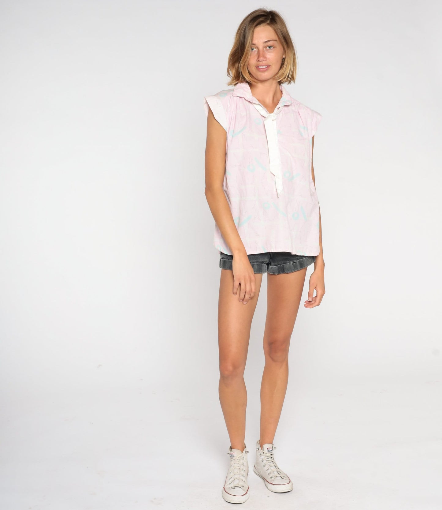 80s Pink Abstract Necktie Blouse Cap Sleeve Ascot Top Small S