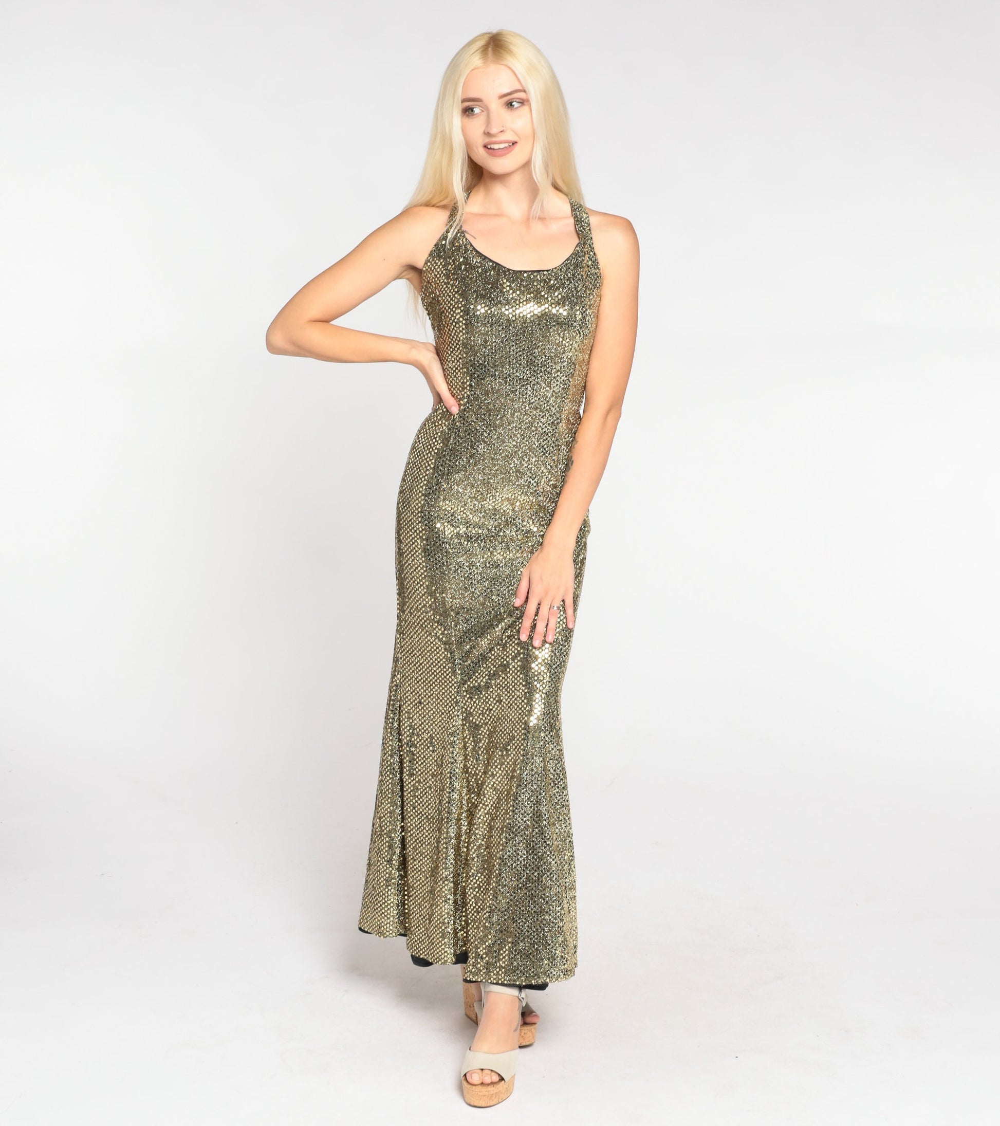 80s Gold Sequin Maxi Dress Zum Zum Fishtail Criss-Cross Back Small