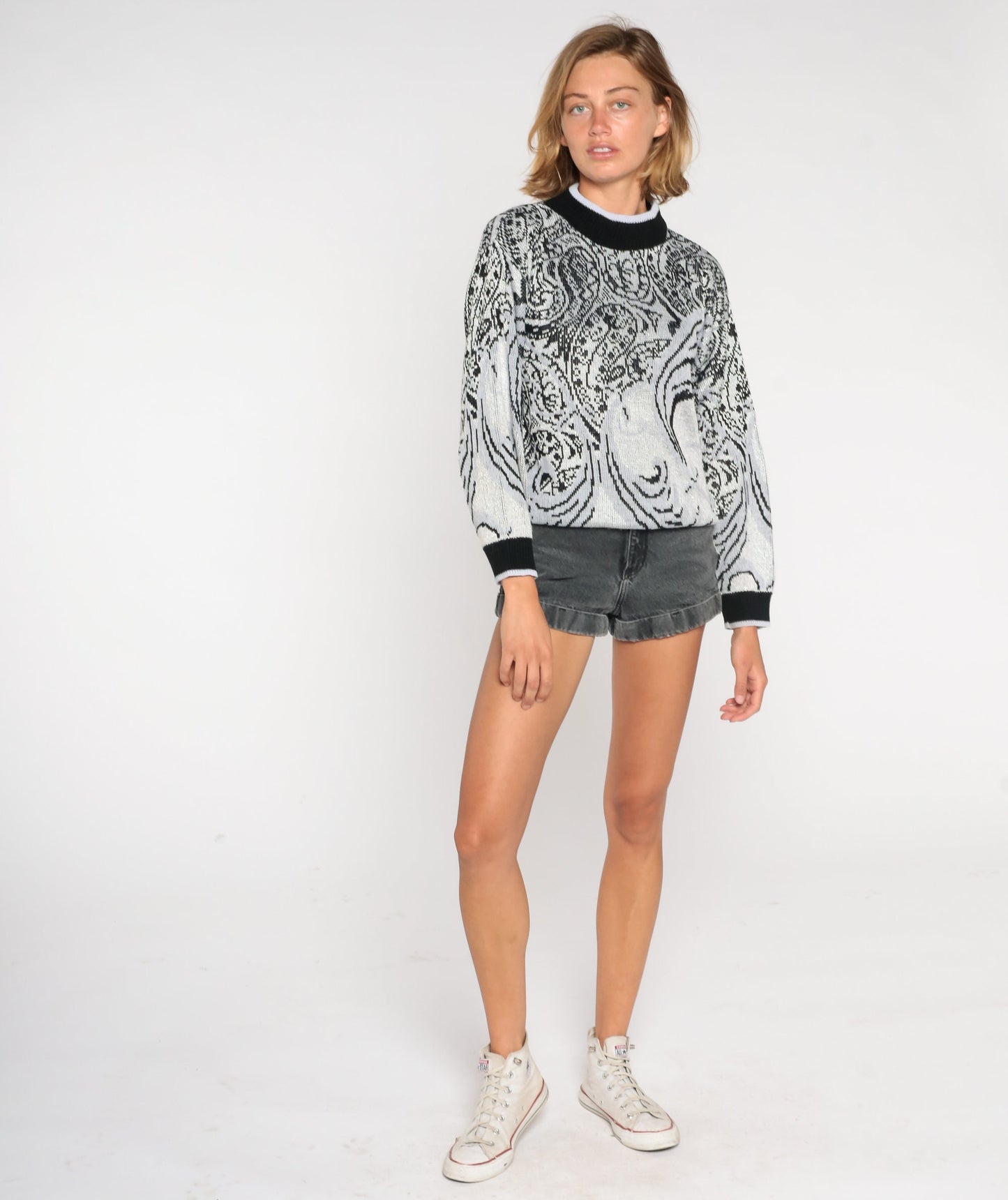 80s Grey Paisley Mock Neck Sweater Knit Pullover Medium M
