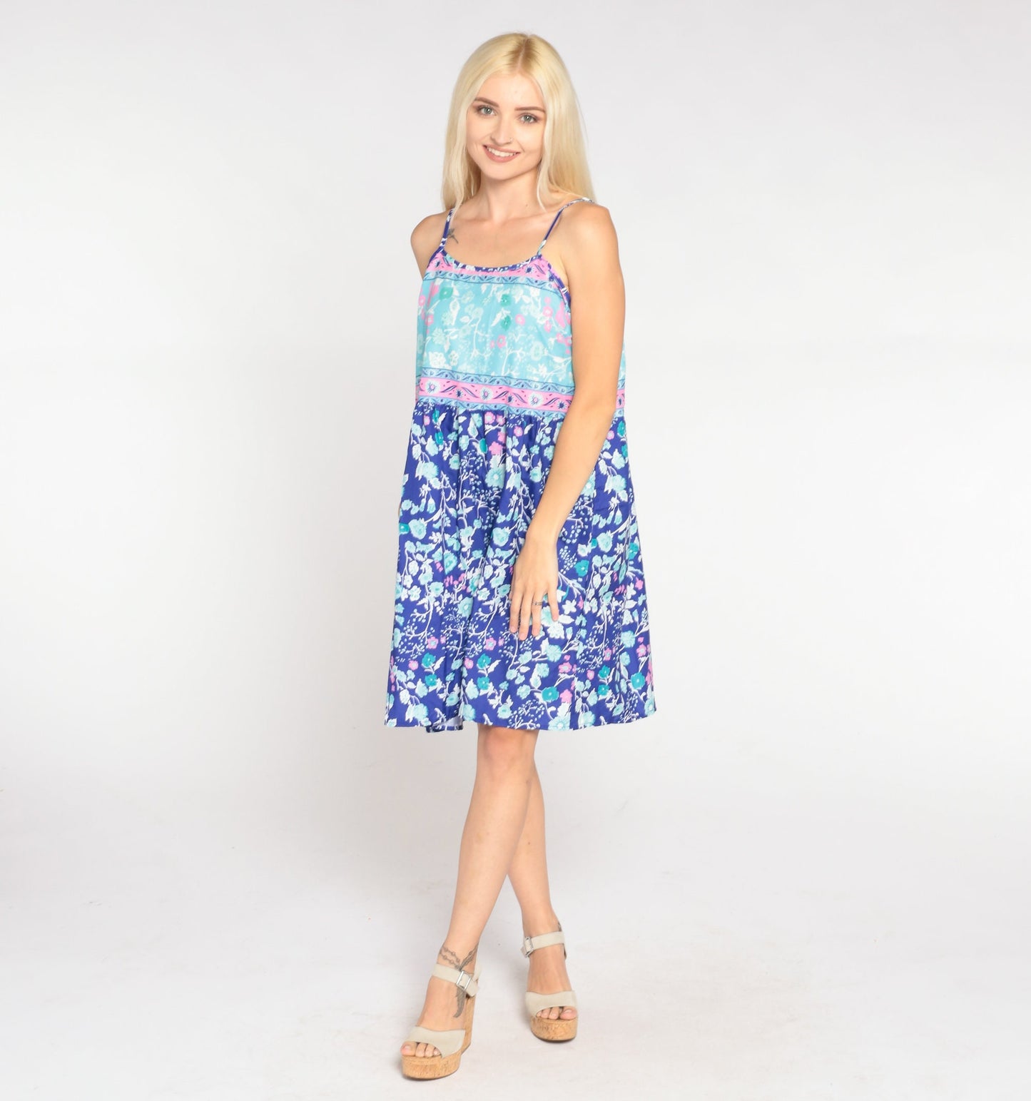 Y2K Blue Floral Mini Dress Sleeveless High Waist Spaghetti Strap Large L