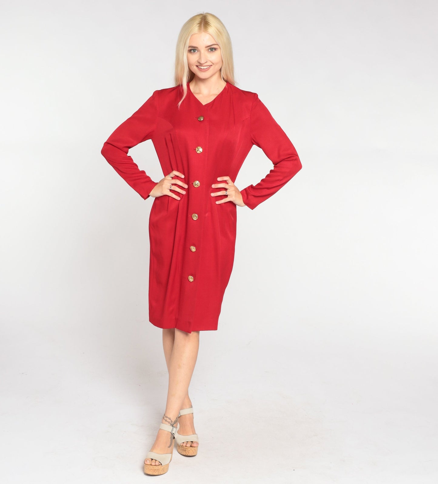 80s Red Button-Up Mini Dress Long Sleeve Pencil Cut Small S