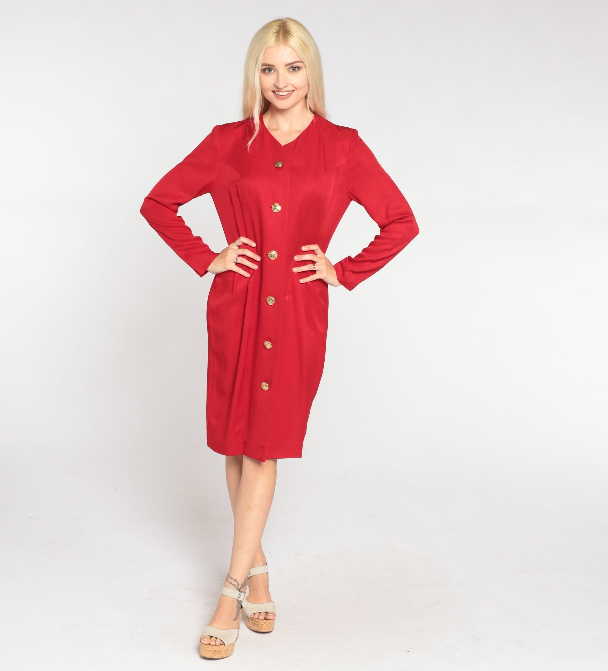 80s Red Button-Up Mini Dress Long Sleeve Pencil Cut Small S